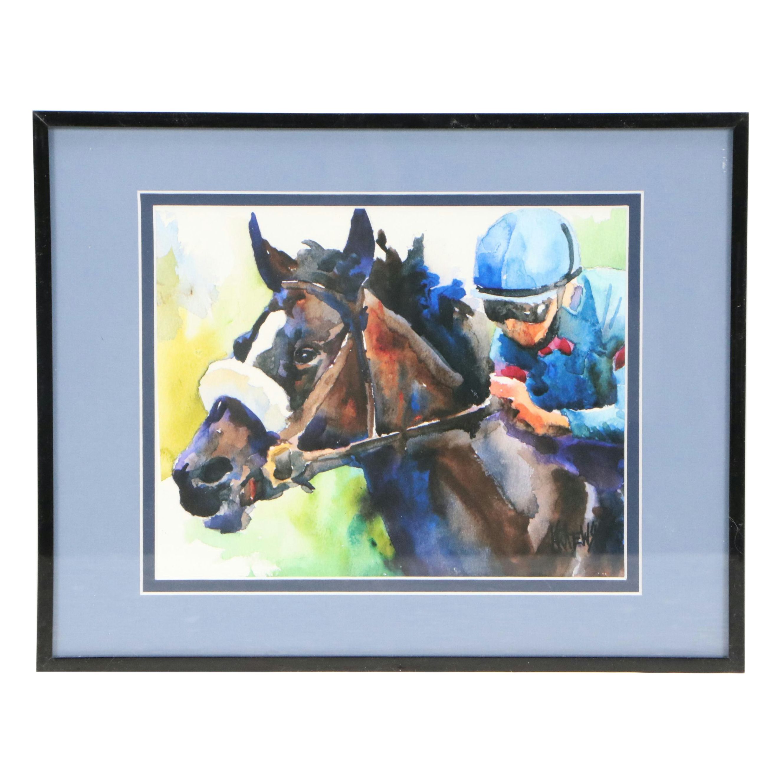 Ron Krajewski Watercolor Paintings of Racing Horse Portraits, 21st Century