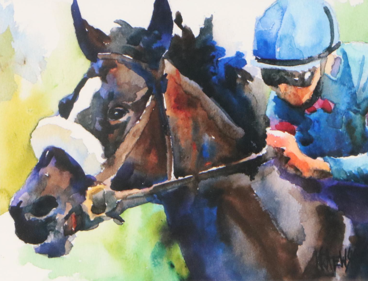 Ron Krajewski Watercolor Paintings of Racing Horse Portraits, 21st Century