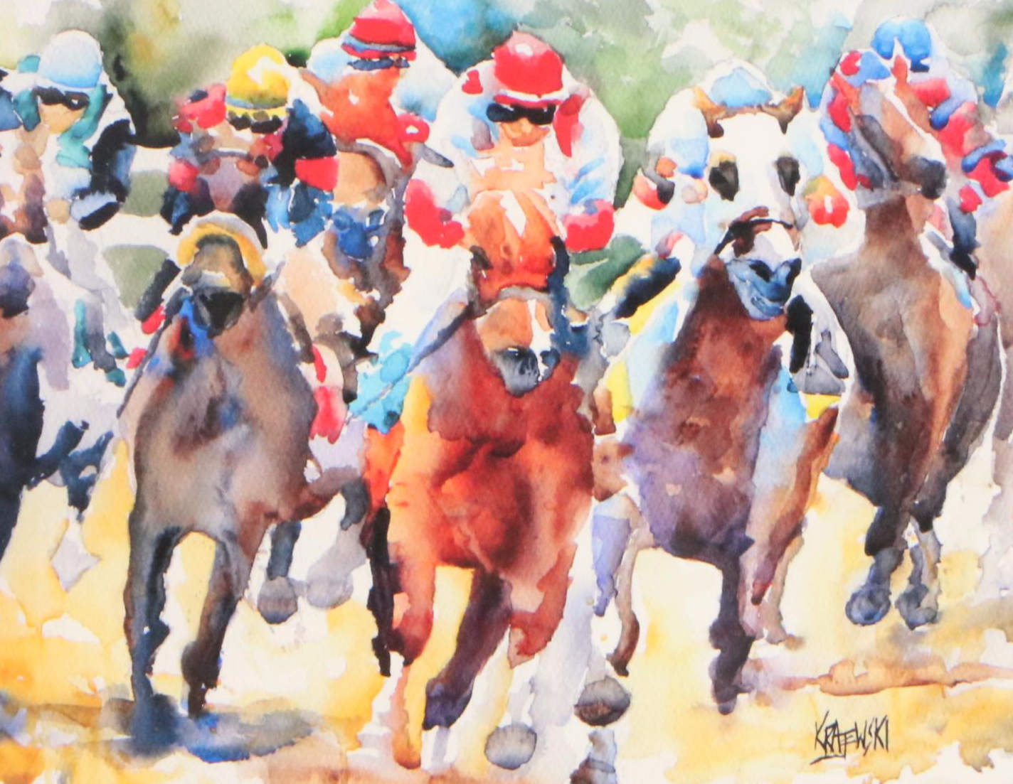 Ron Krajewski Watercolor Paintings of Racing Horse Portraits, 21st Century