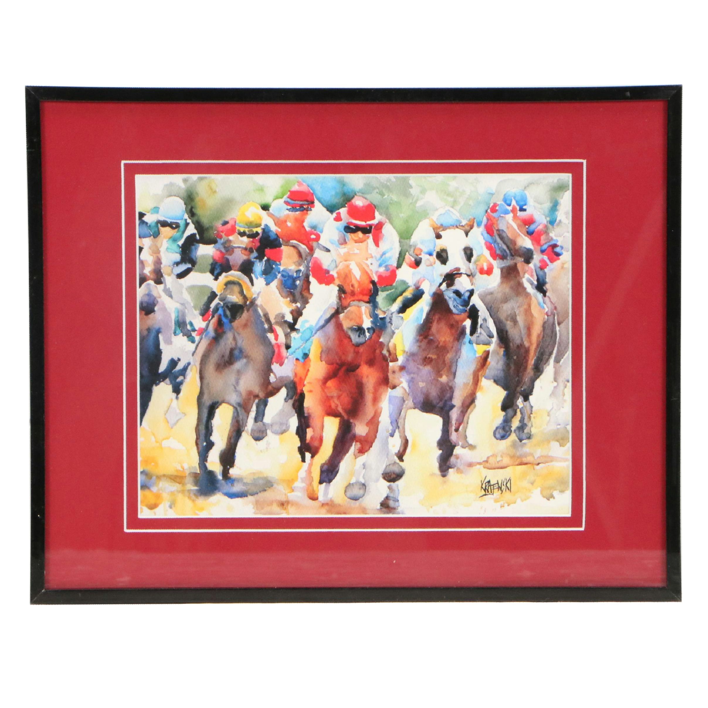 Ron Krajewski Watercolor Paintings of Racing Horse Portraits, 21st Century