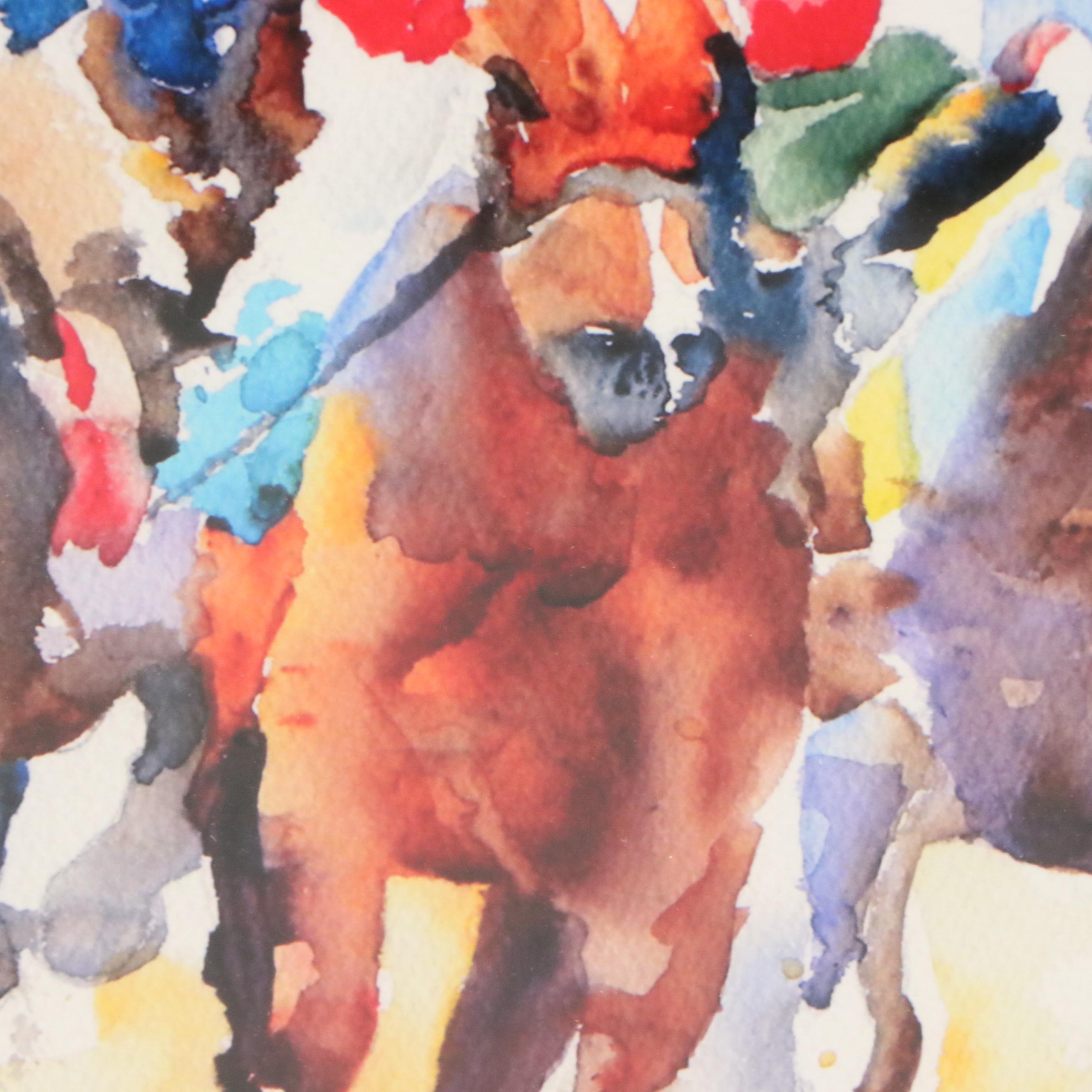 Ron Krajewski Watercolor Paintings of Racing Horse Portraits, 21st Century