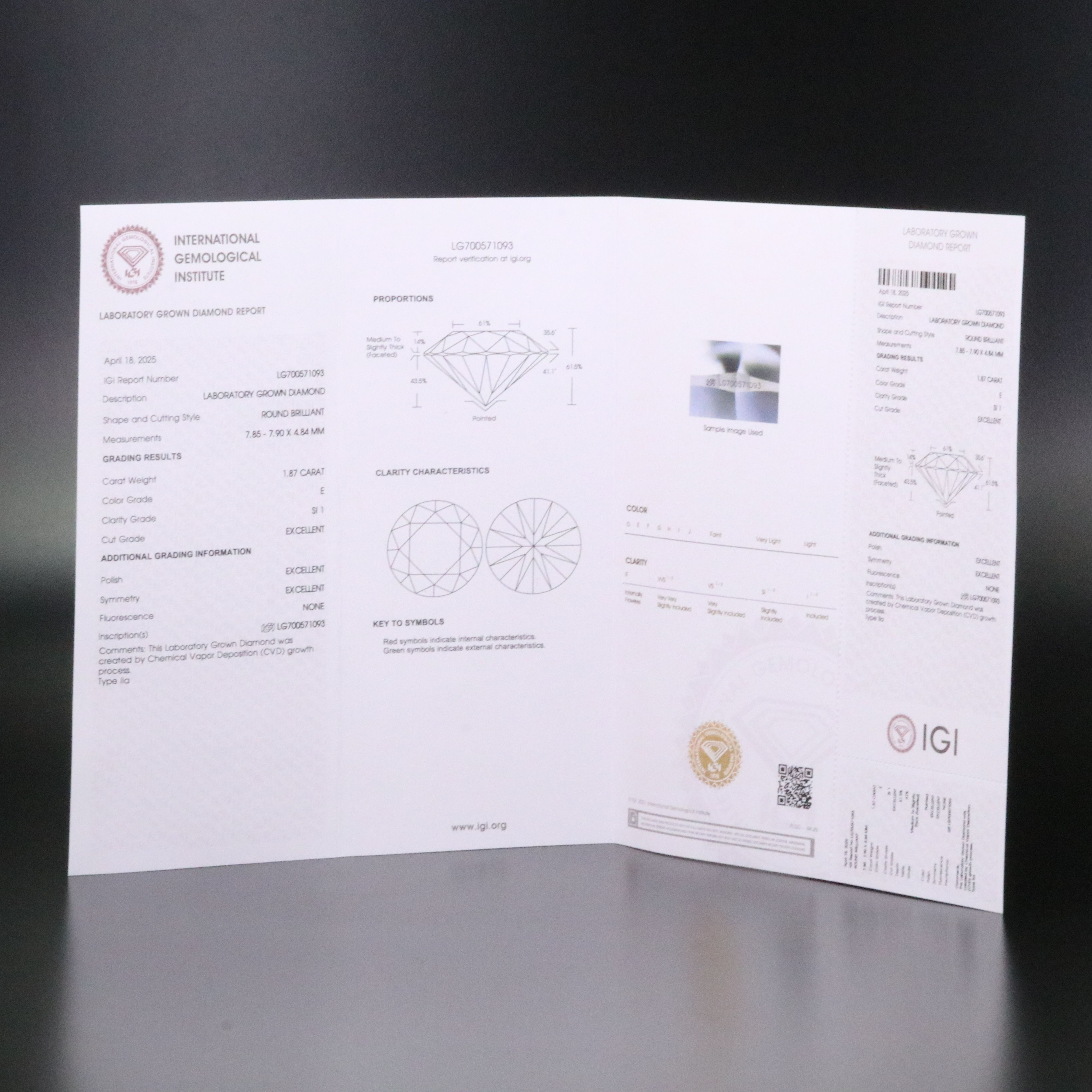 Loose 1.87 CT Lab Grown Diamond with IGI Report