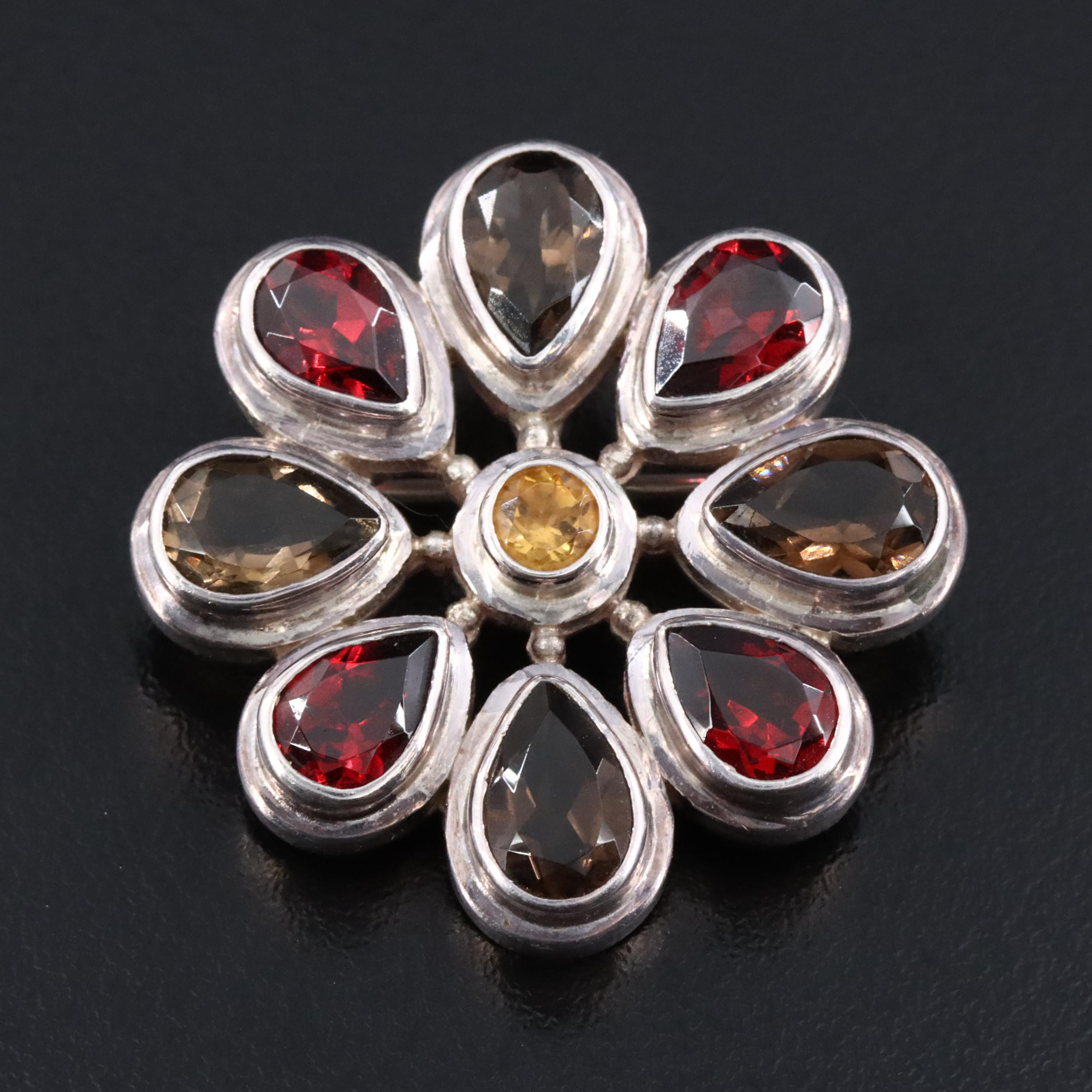 Sajen Sterling Garnet, Smoky Quartz and Citrine Flower Converter Brooch
