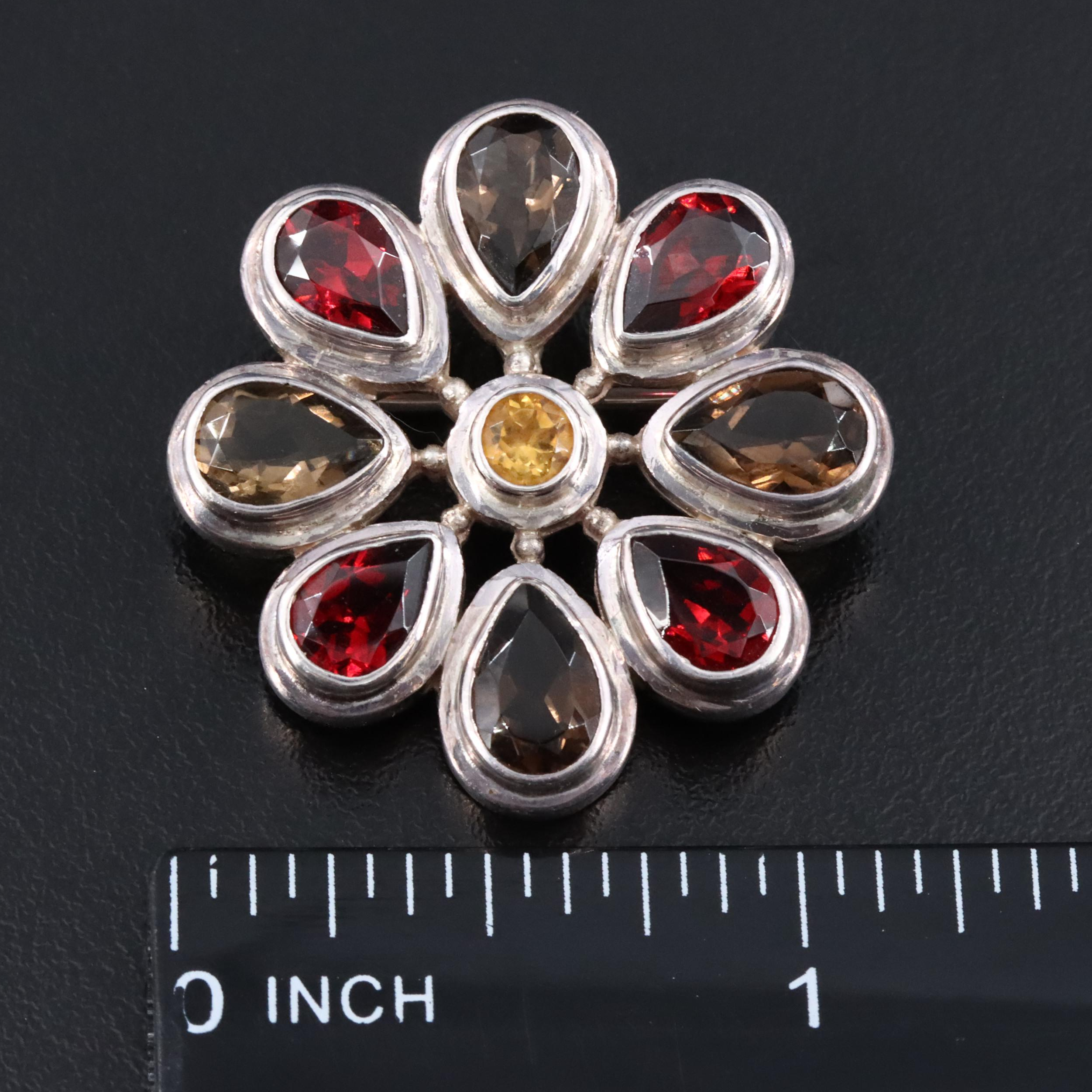 Sajen Sterling Garnet, Smoky Quartz and Citrine Flower Converter Brooch