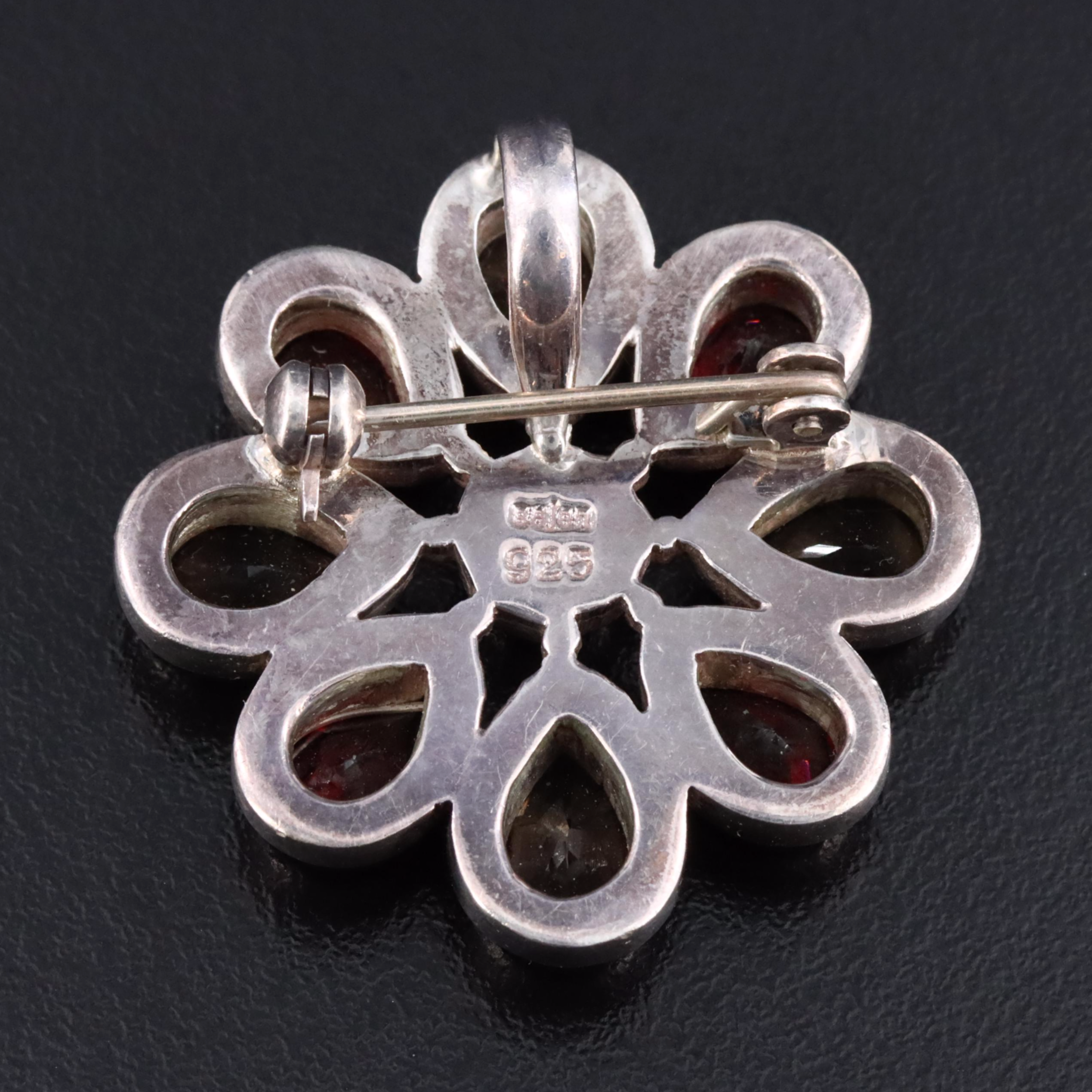 Sajen Sterling Garnet, Smoky Quartz and Citrine Flower Converter Brooch