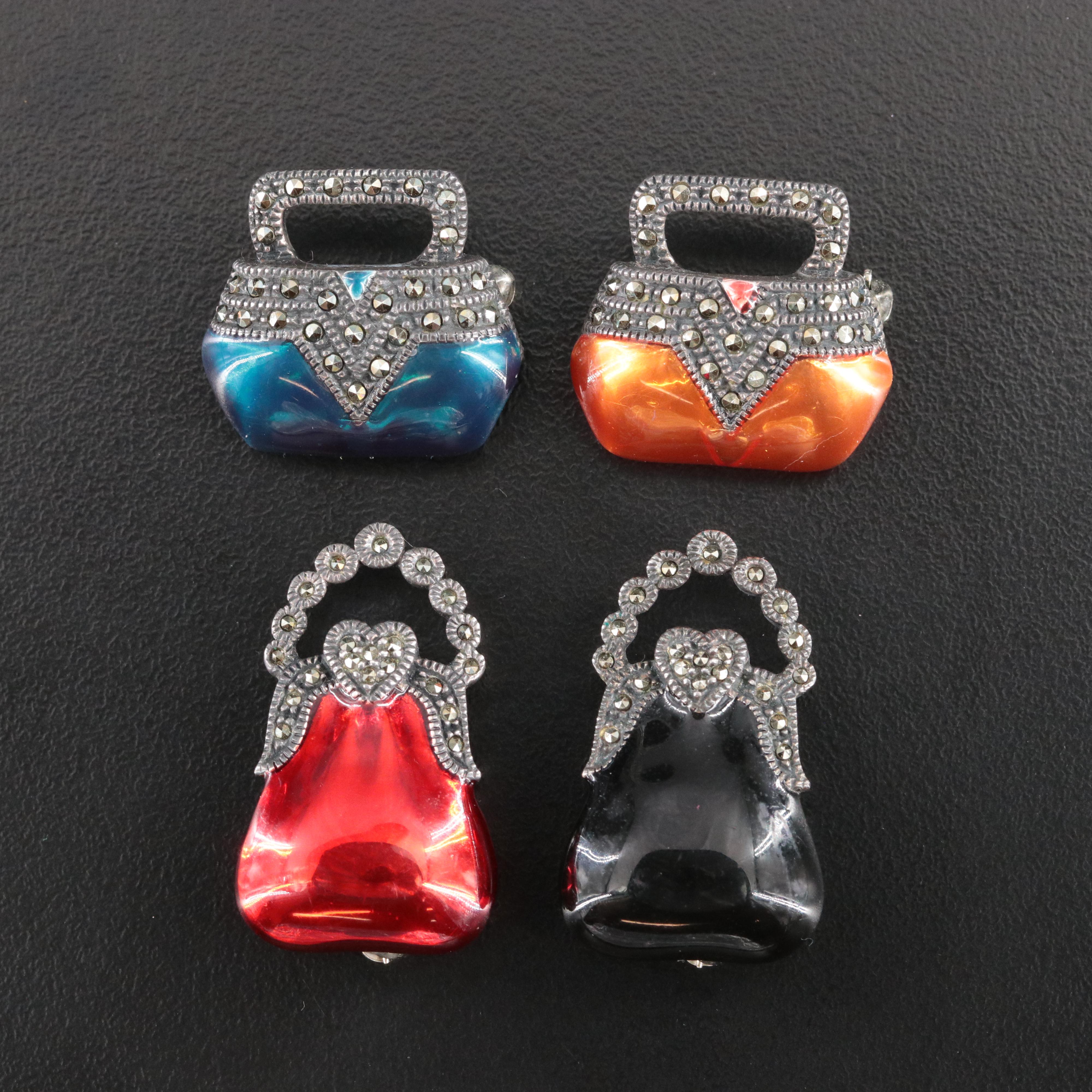 Judith Jack Sterling Enamel and Marcasite Purse Pins