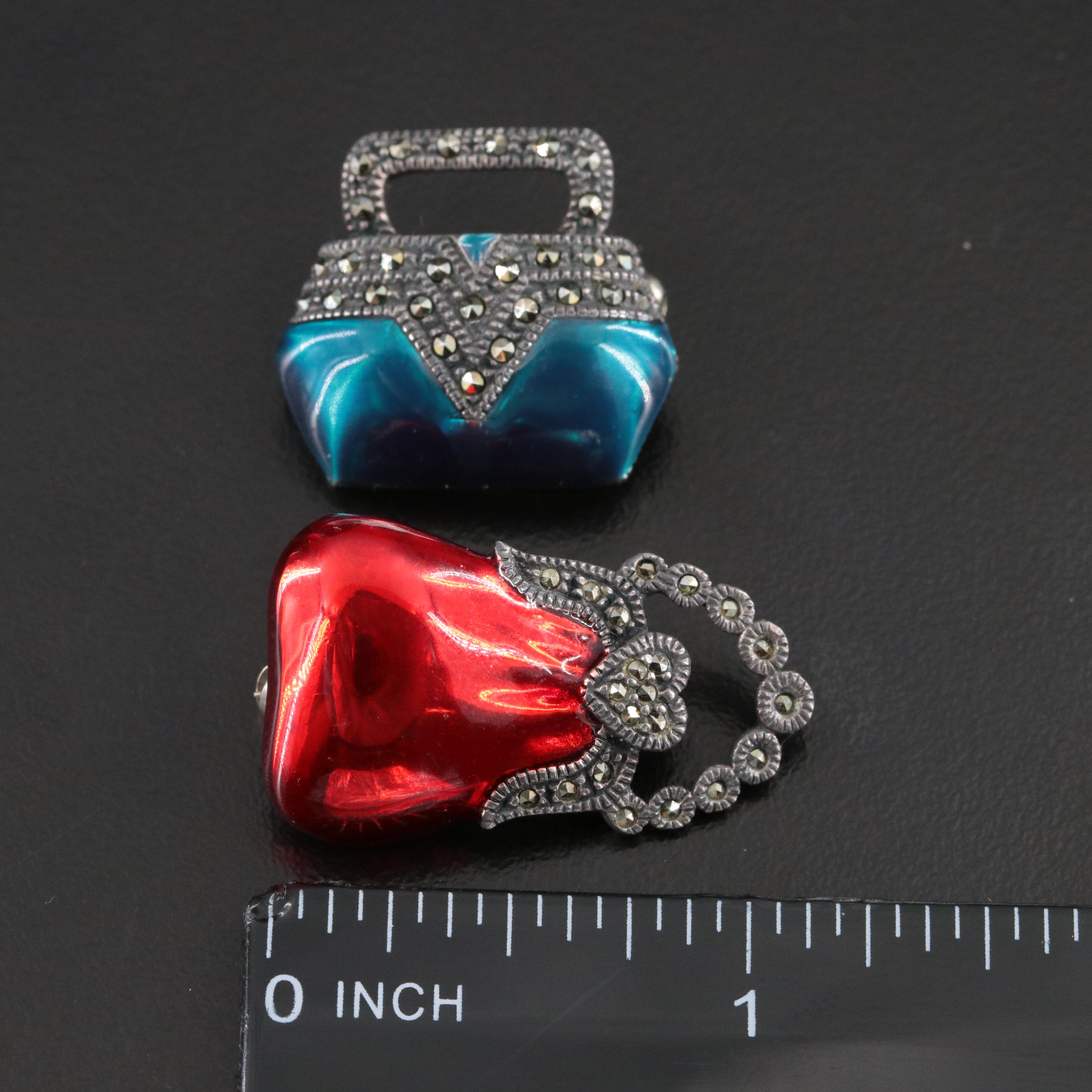 Judith Jack Sterling Enamel and Marcasite Purse Pins