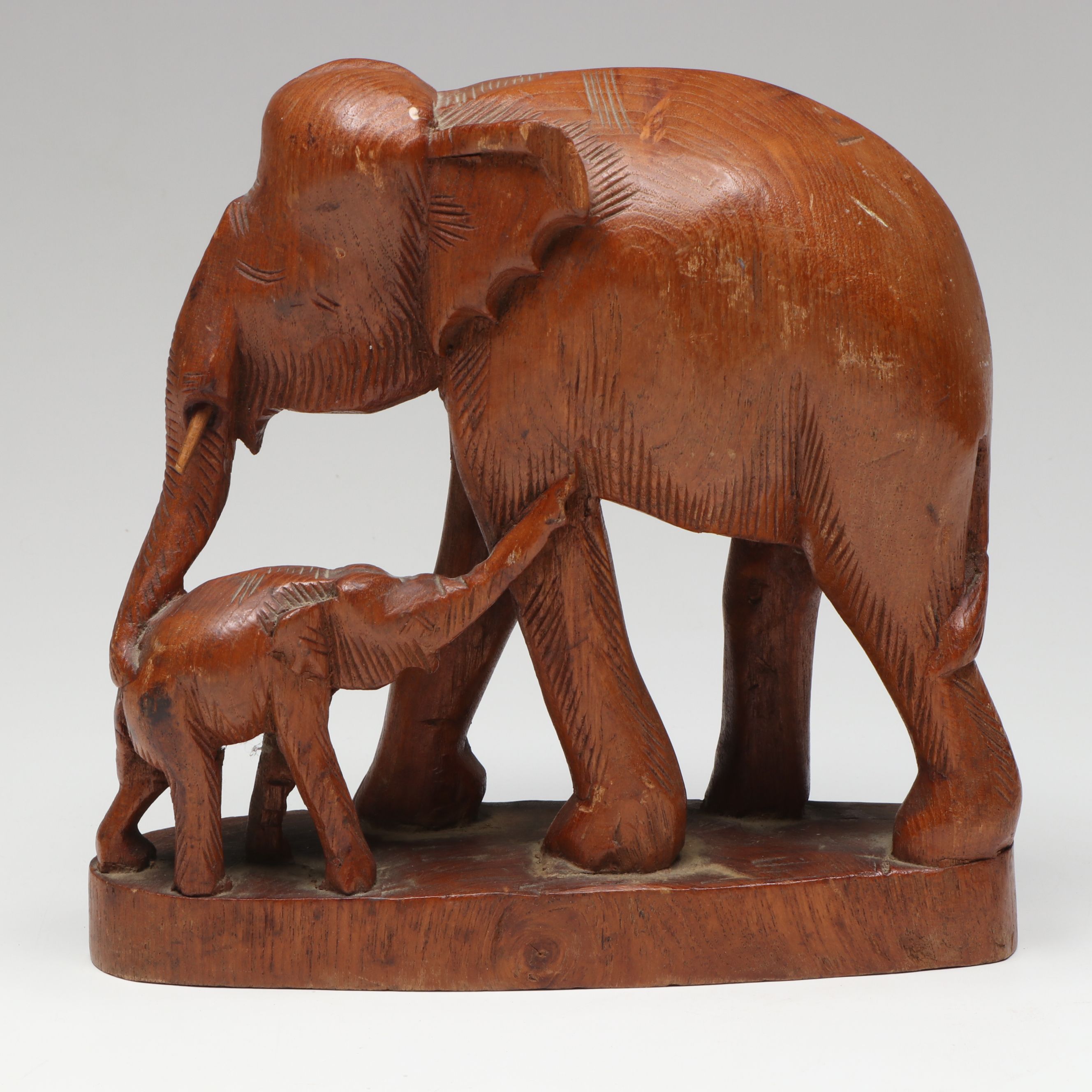 Asian Hand-Carved Elephant Mother with Calf Figurine