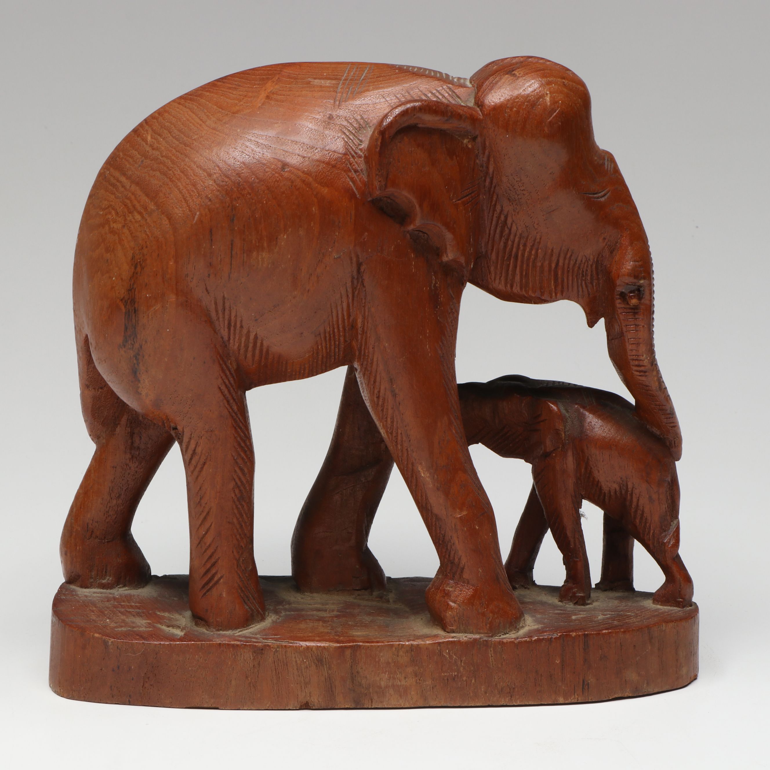 Asian Hand-Carved Elephant Mother with Calf Figurine