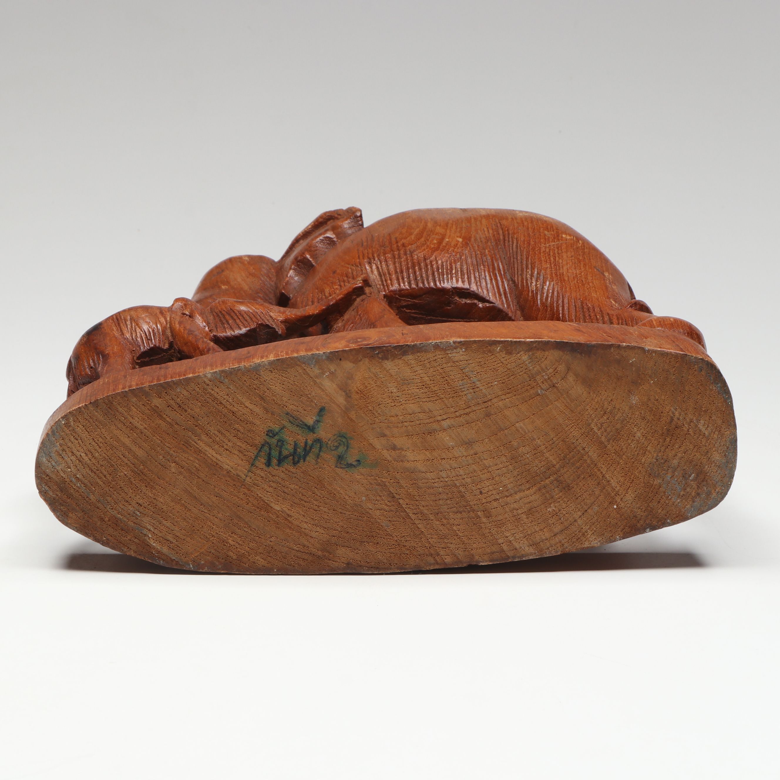Asian Hand-Carved Elephant Mother with Calf Figurine