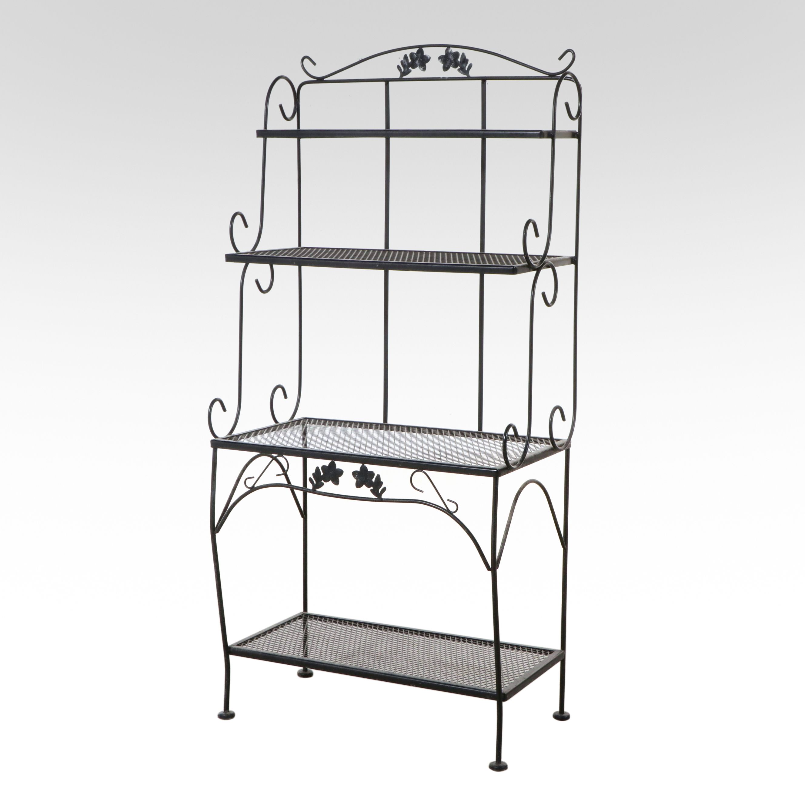 Wrought Iron Four-Tier Mesh and Scrollwork Baker's Rack