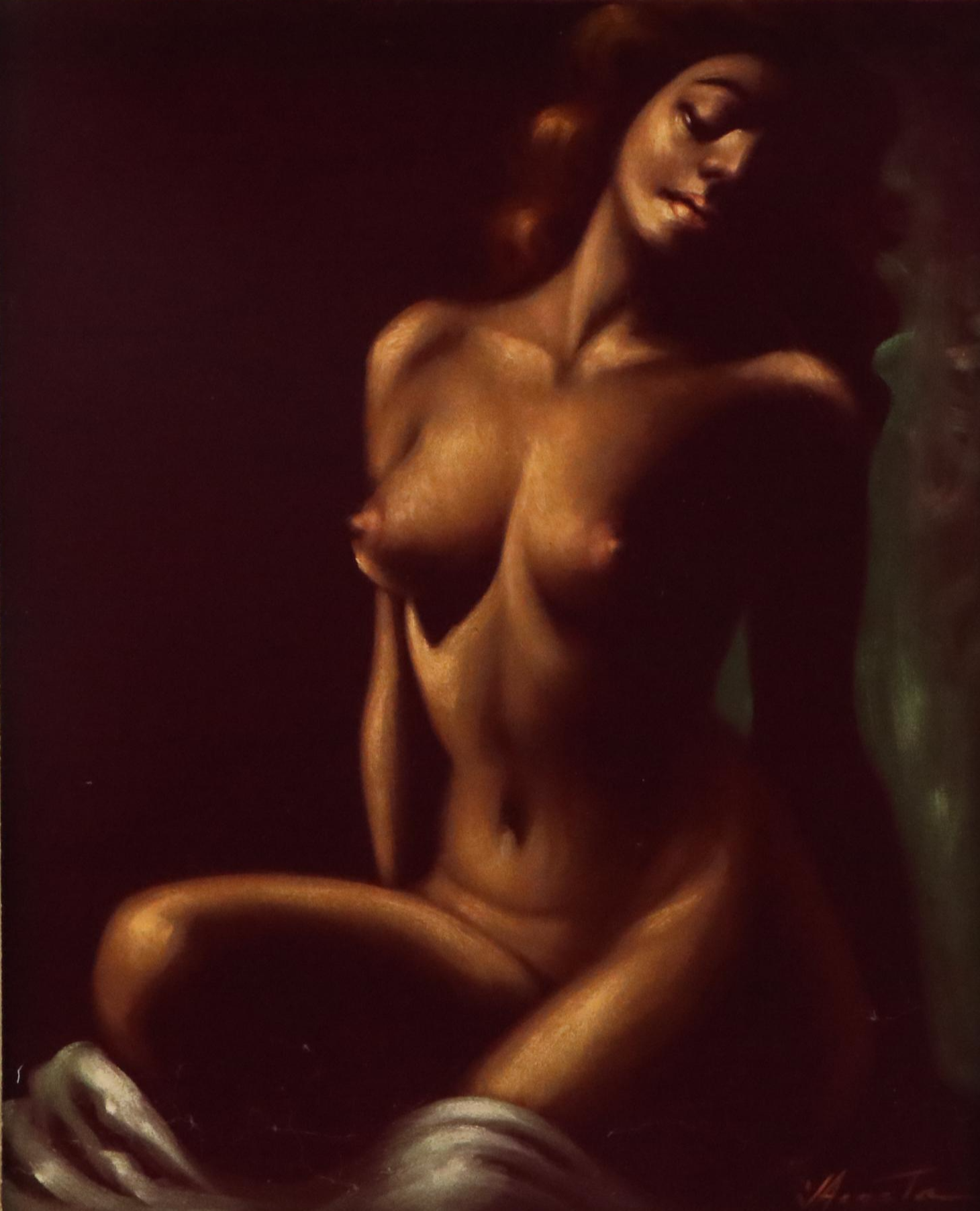 Velvet Painting of Seated Female Nude, 1970s