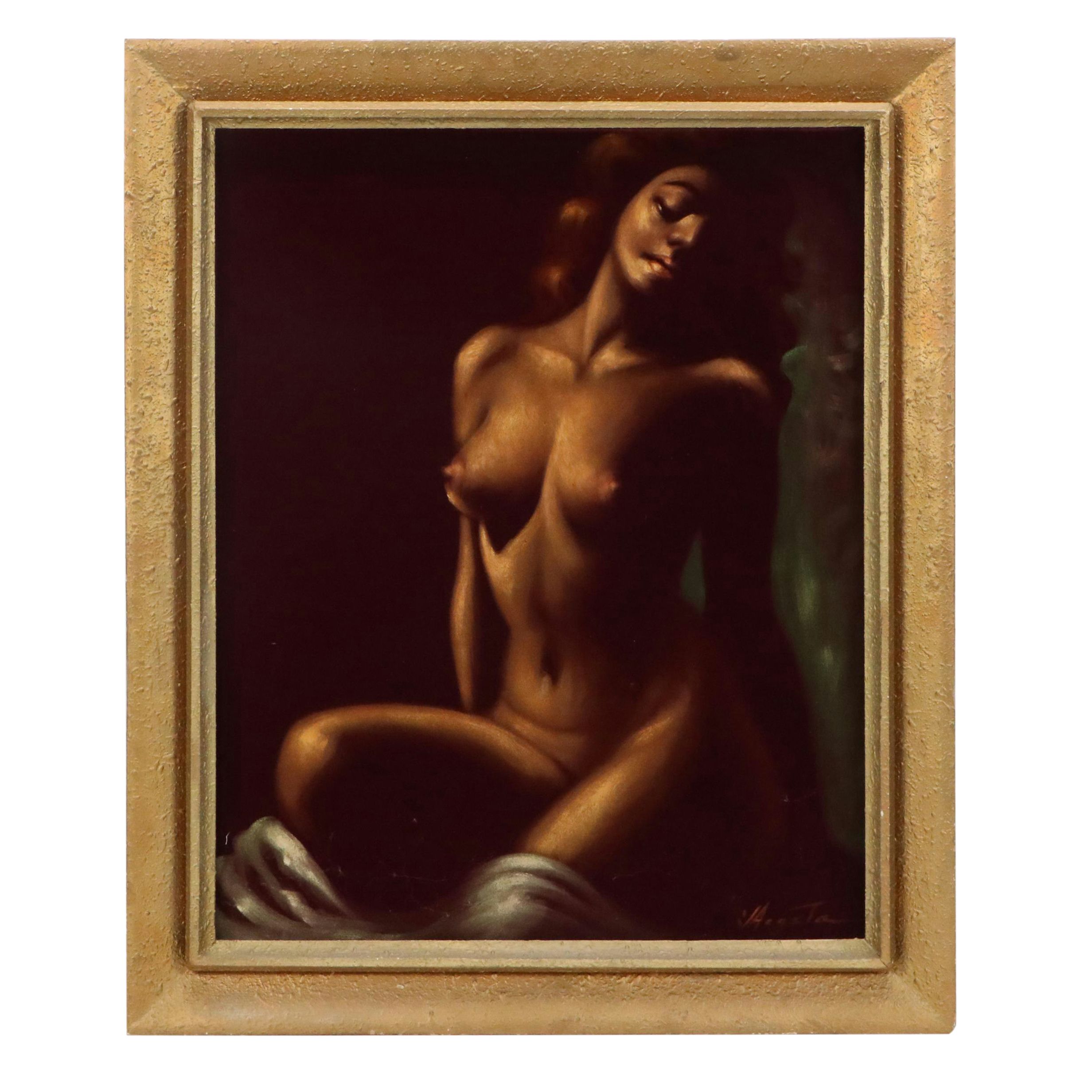 Velvet Painting of Seated Female Nude, 1970s