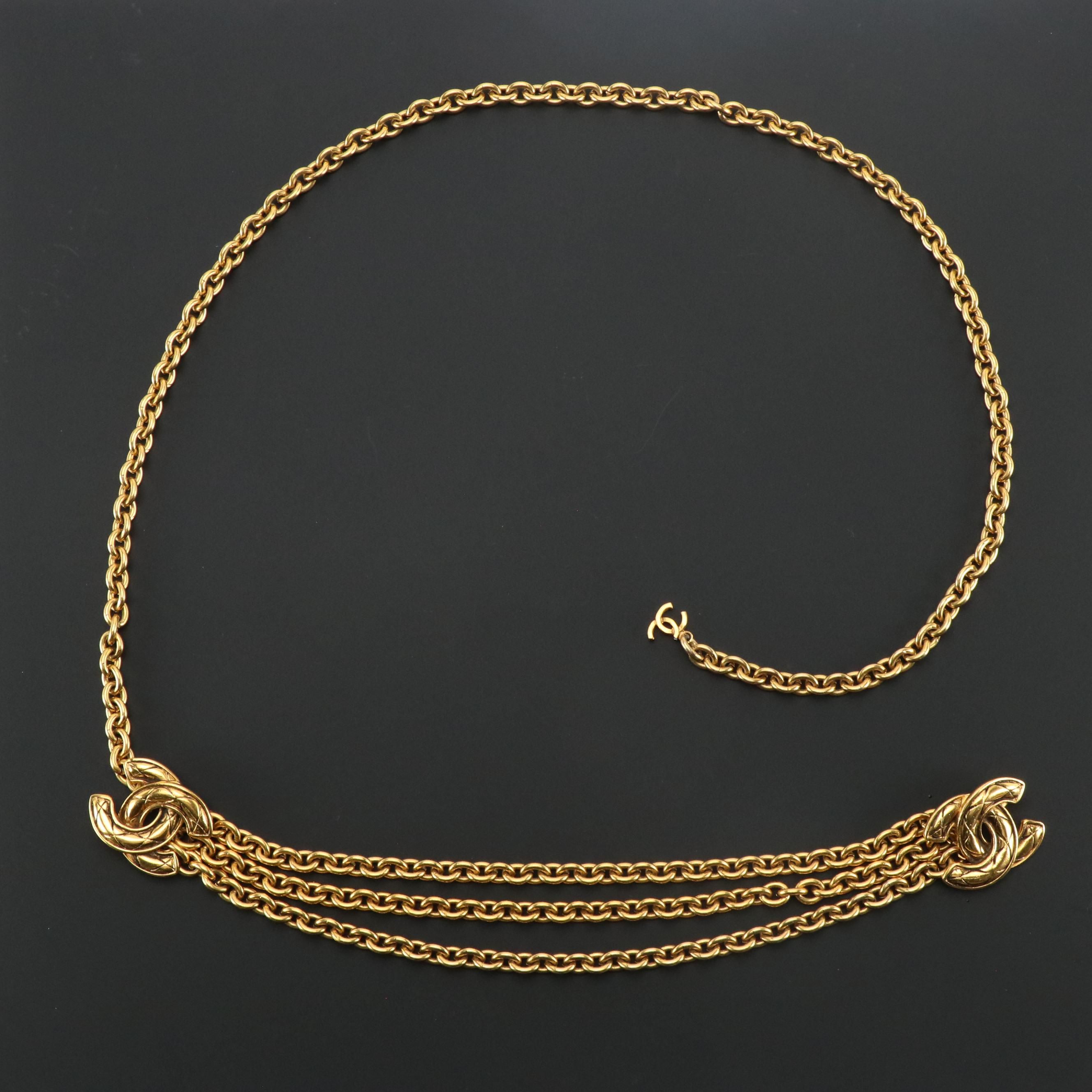 Chanel Quilted CC Gold Tone Triple Strand Link Chain Belt, 1970s