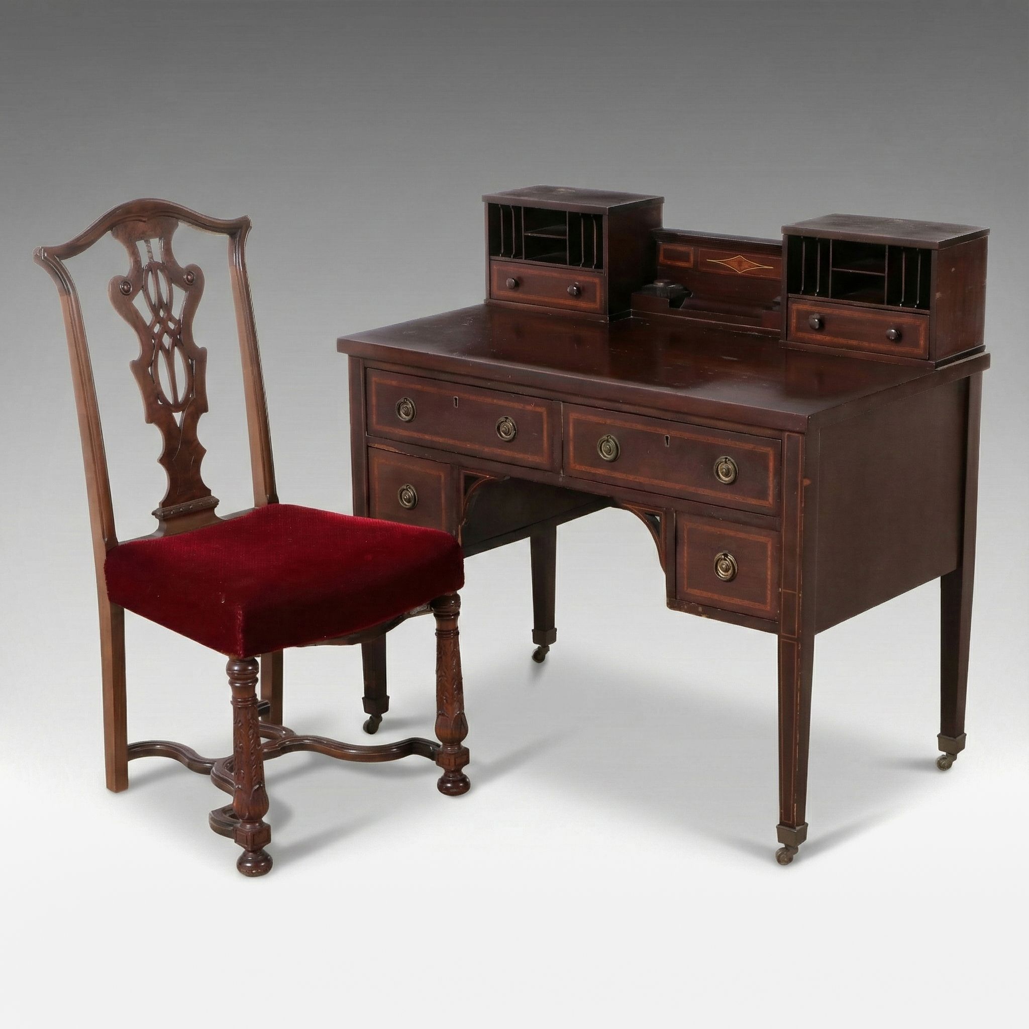 Antique Edwardian Mahogany Desk with Side Chair