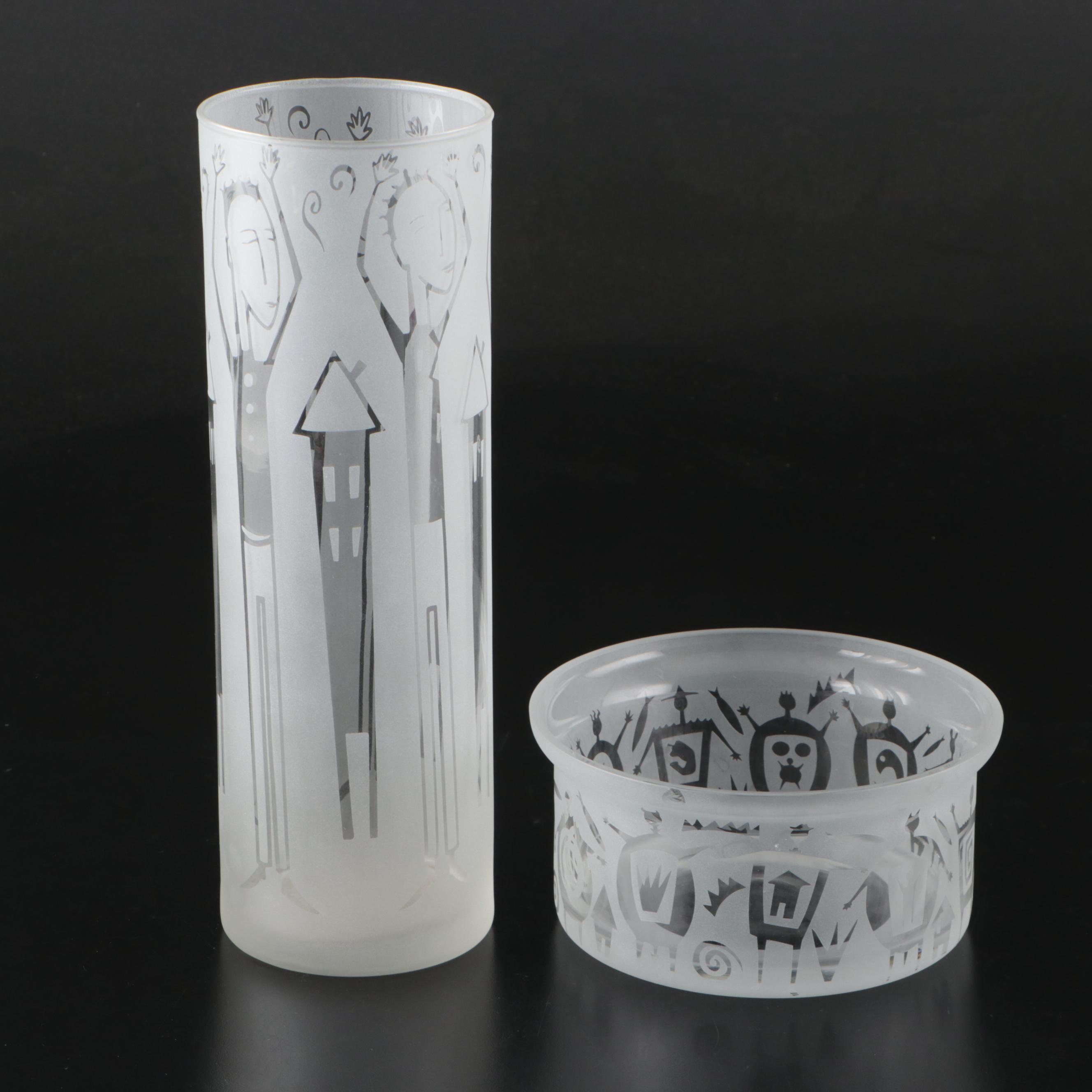 Leandra Drumm Etched Glass Bowl and Vase