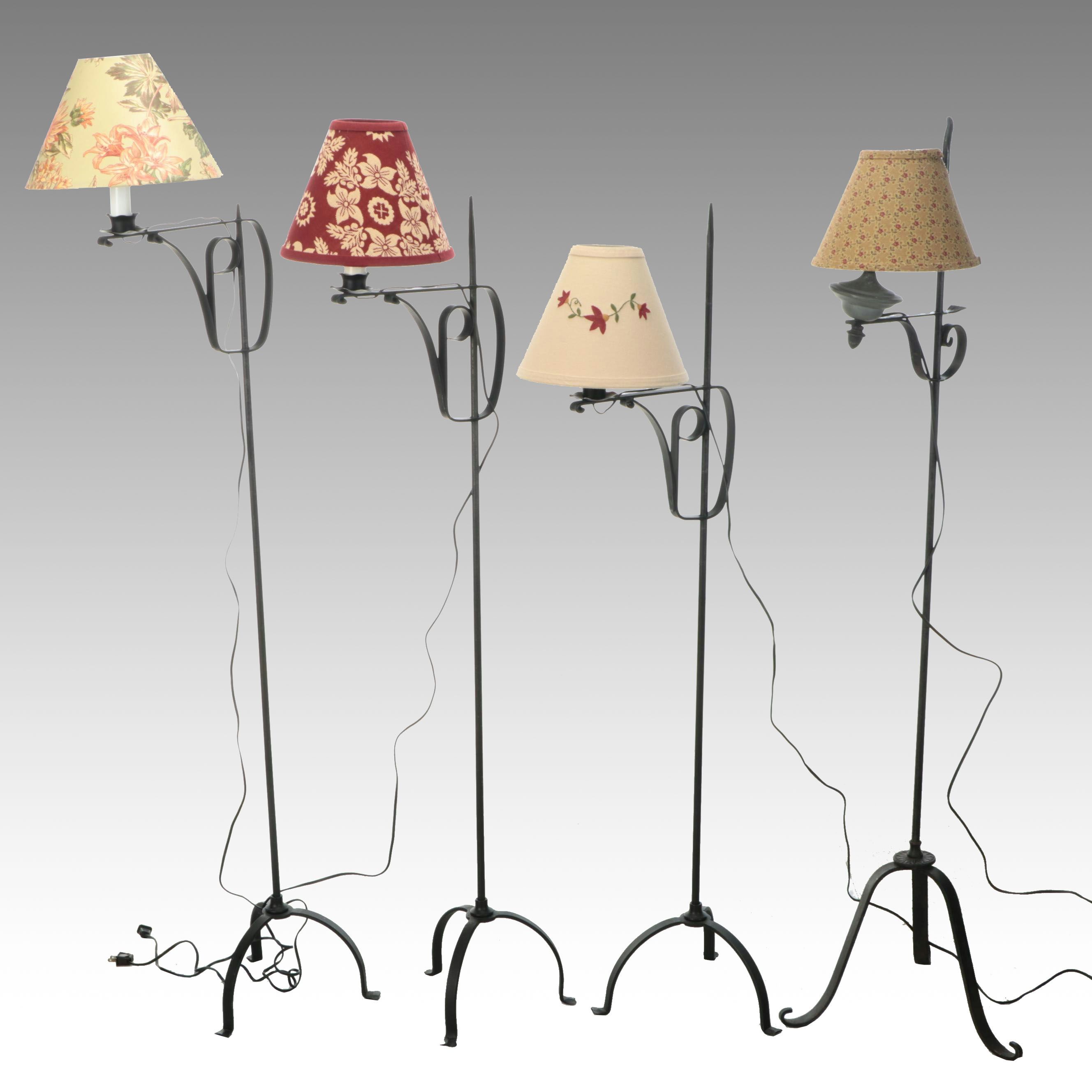 American Primitive Wrought Iron Floor Lamps, Adapted, with Fabric Shades