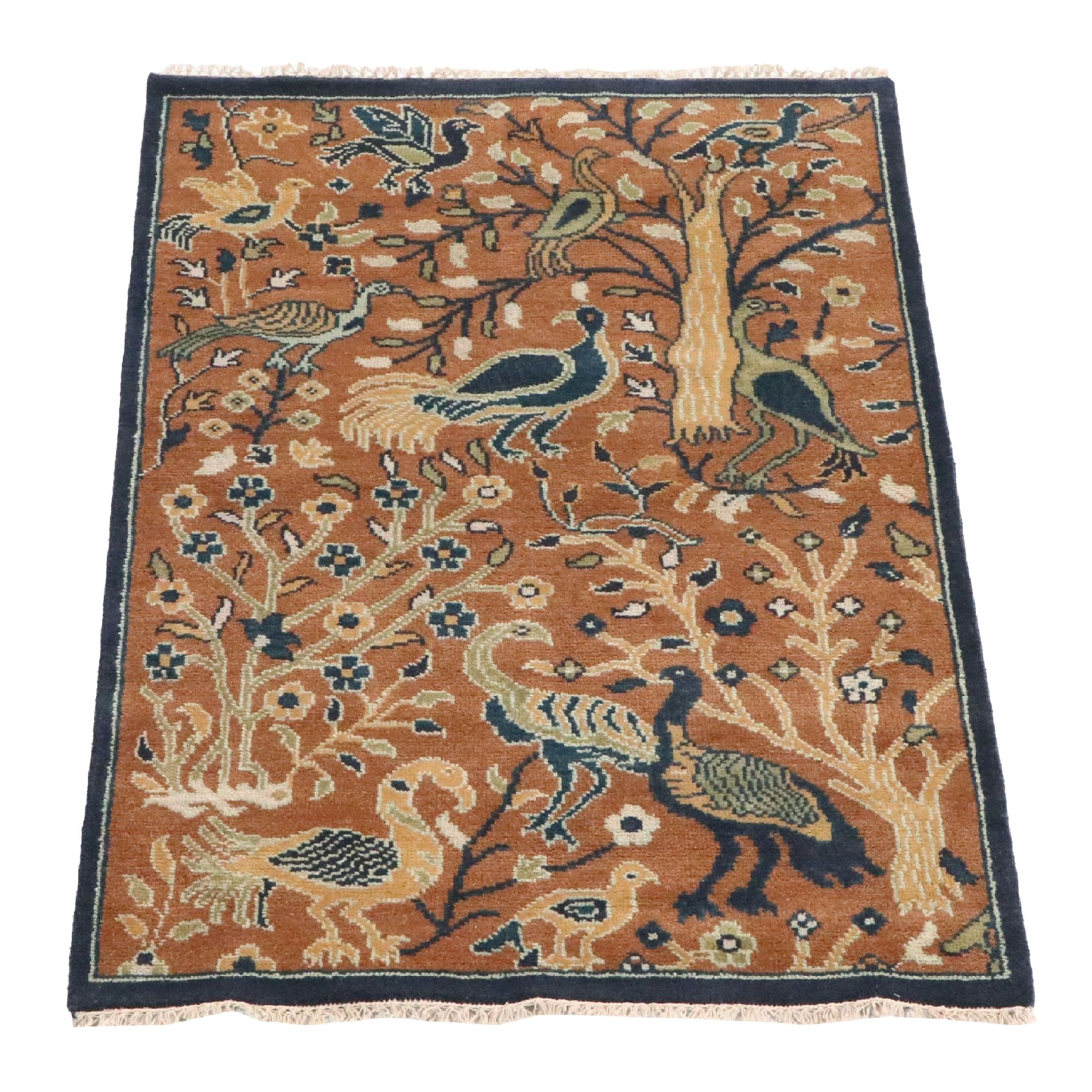 4'1 x 6'1 Hand-Knotted Indian Ziegler Style Tree of Life with Birds Area Rug