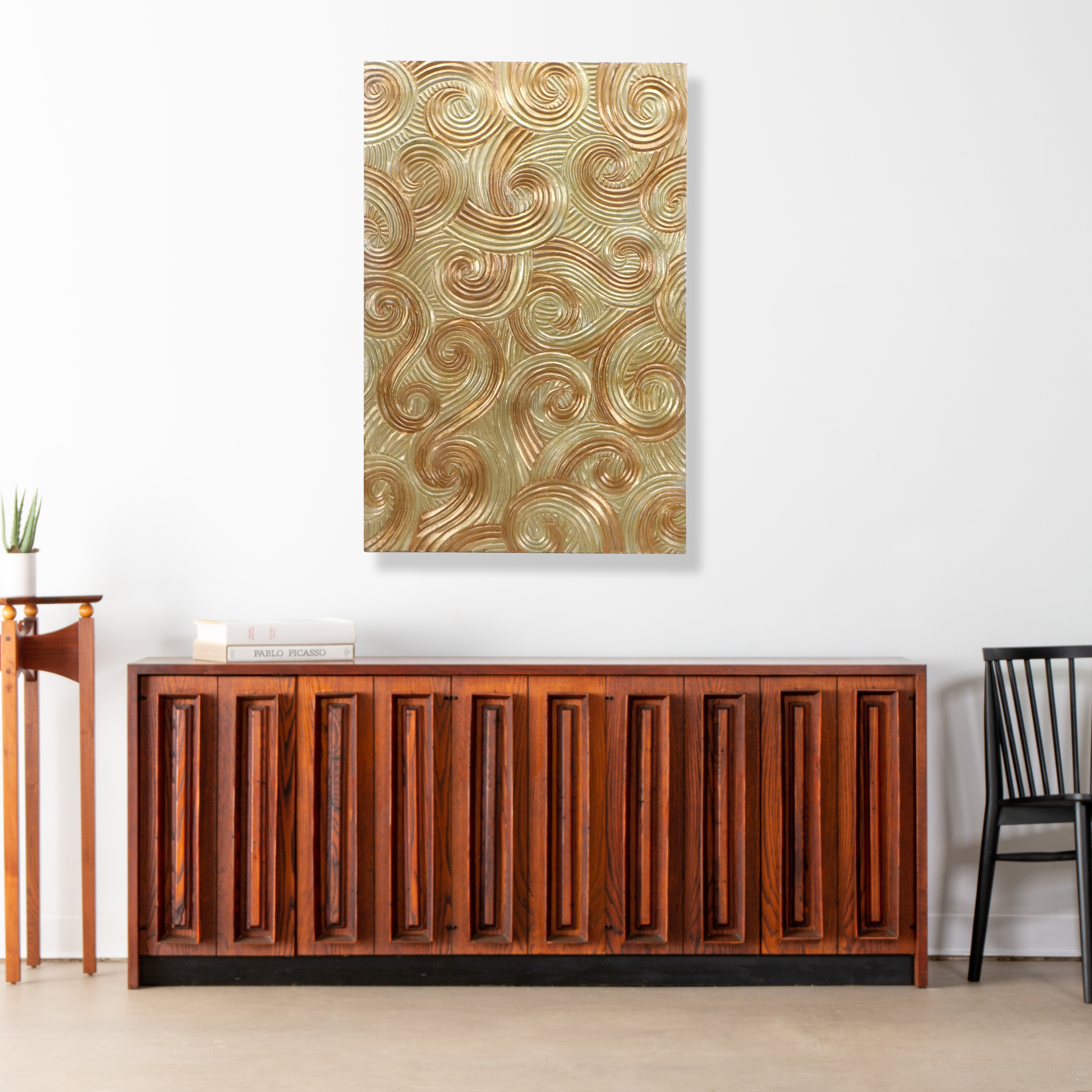 Golden Swirling Relief Wooden Wall Panel, 21st Century