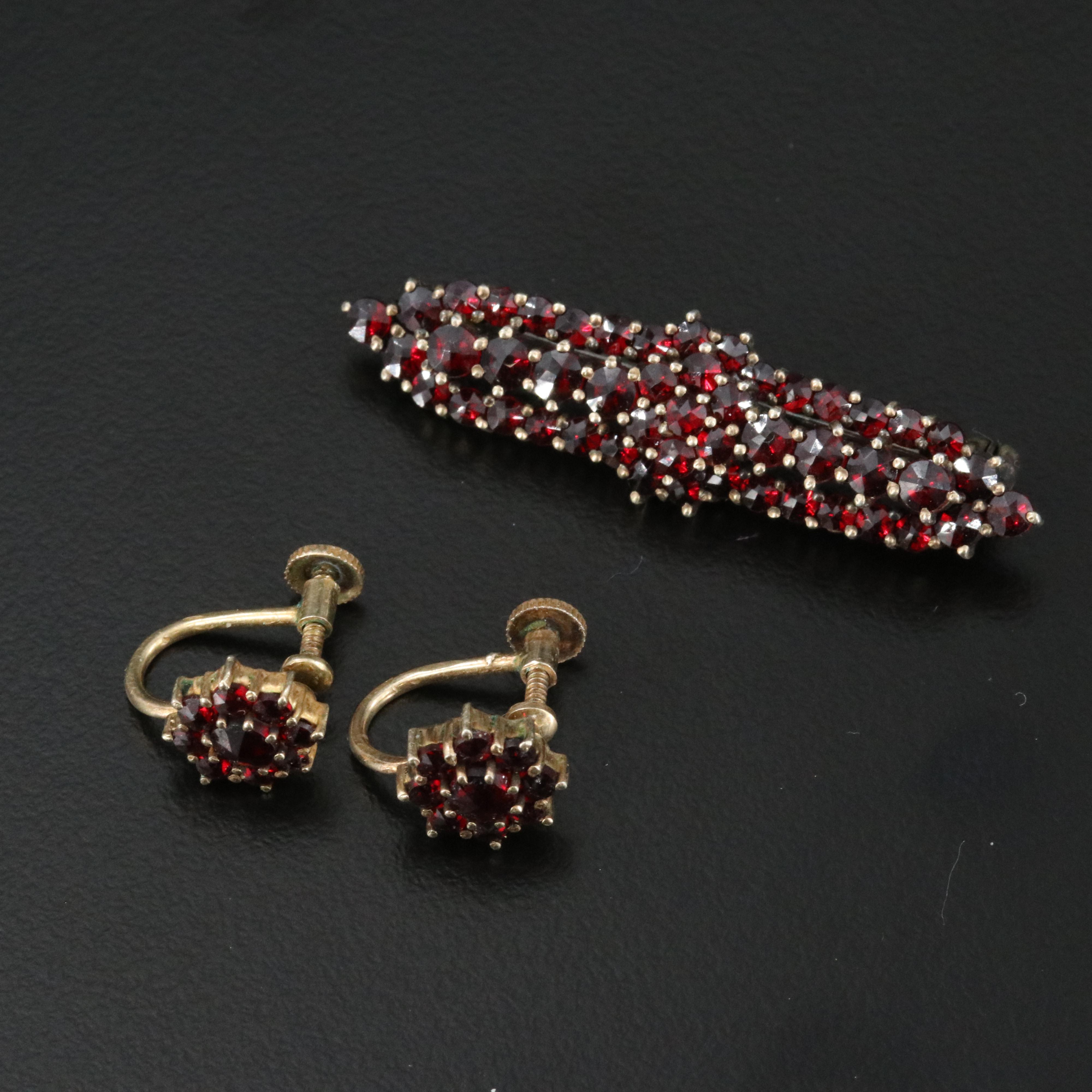 Vintage 900 Silver Garnet Earrings and Sterling Garnet Bar Pin