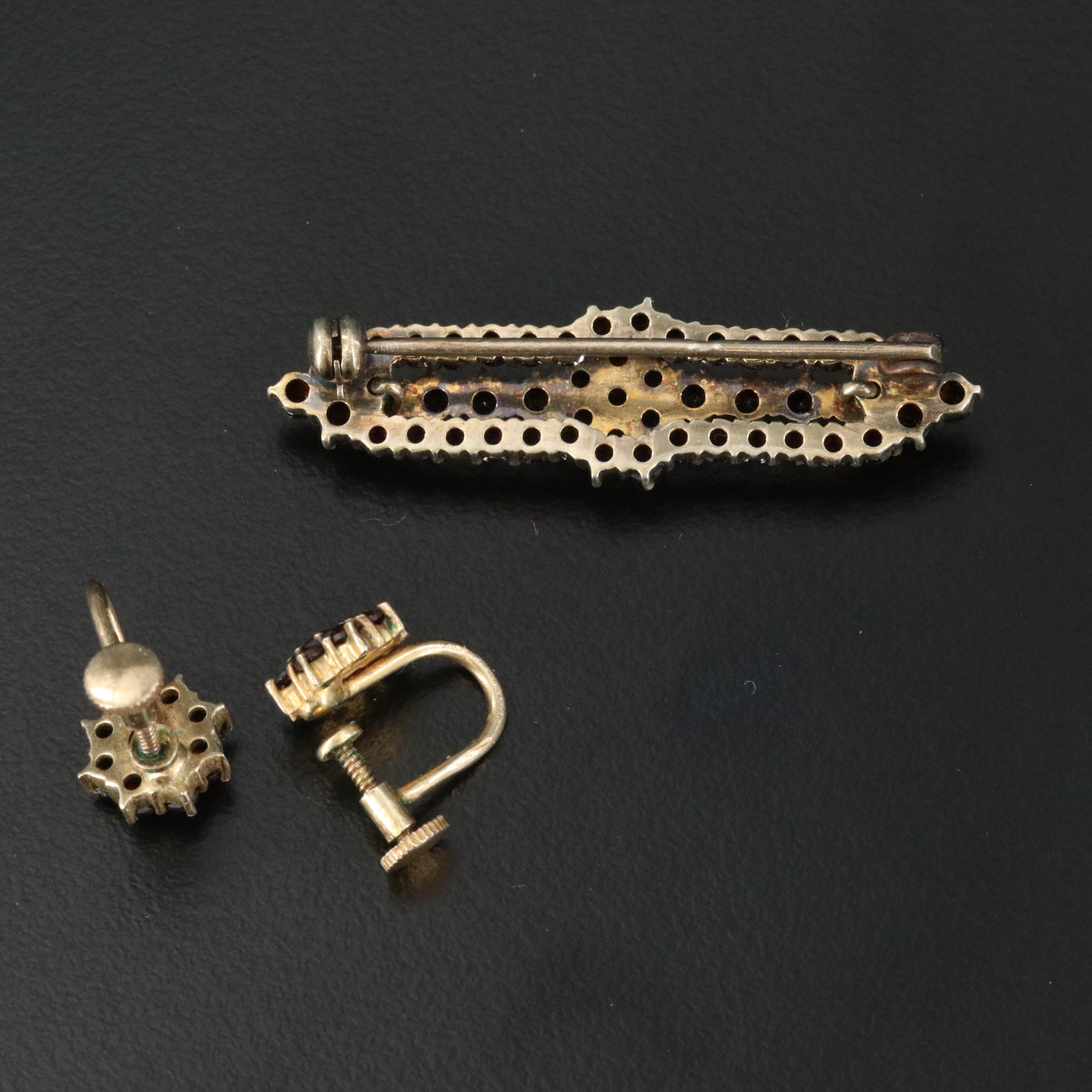 Vintage 900 Silver Garnet Earrings and Sterling Garnet Bar Pin