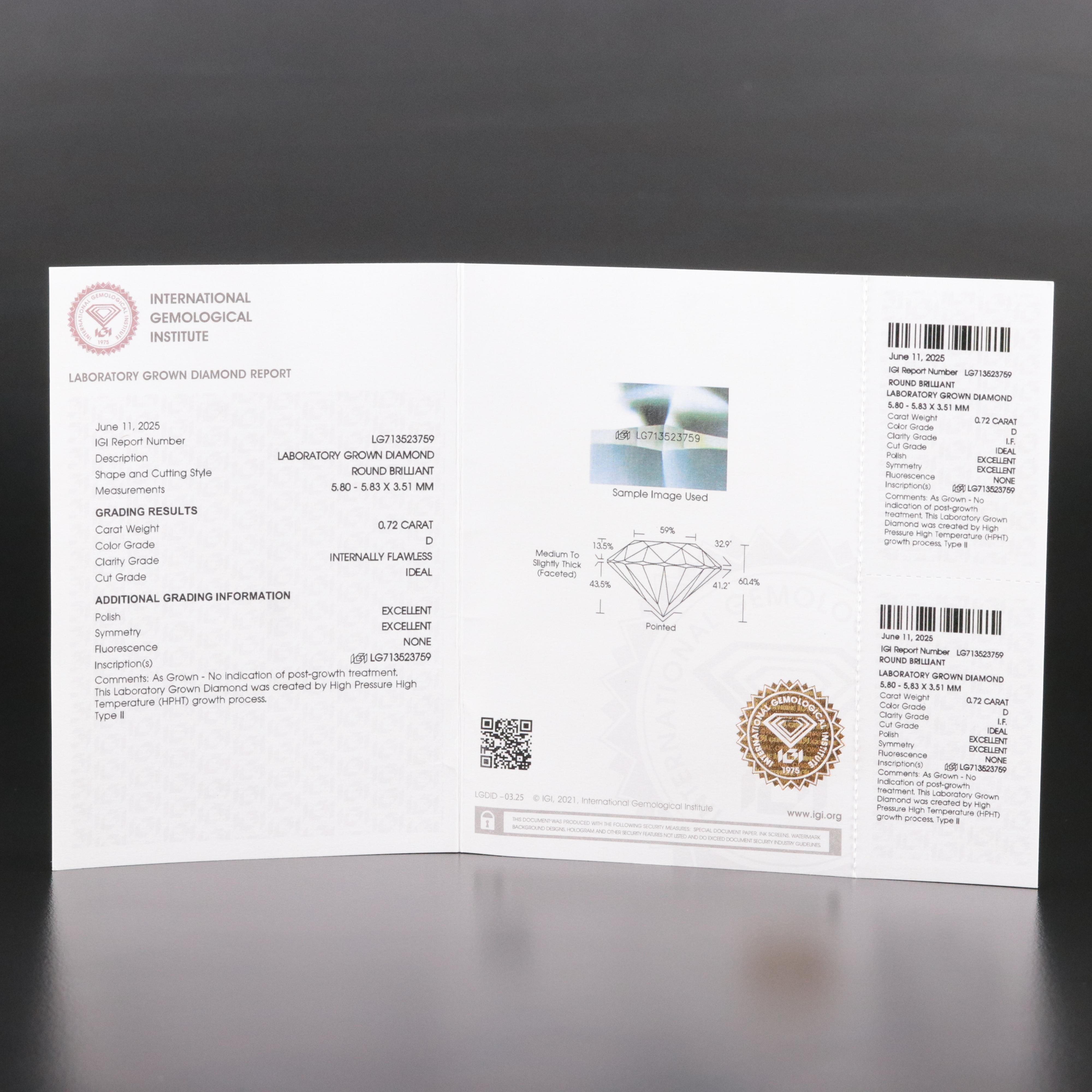 Loose 0.72 CT Lab Grown Internally Flawless Diamond with IGI Report