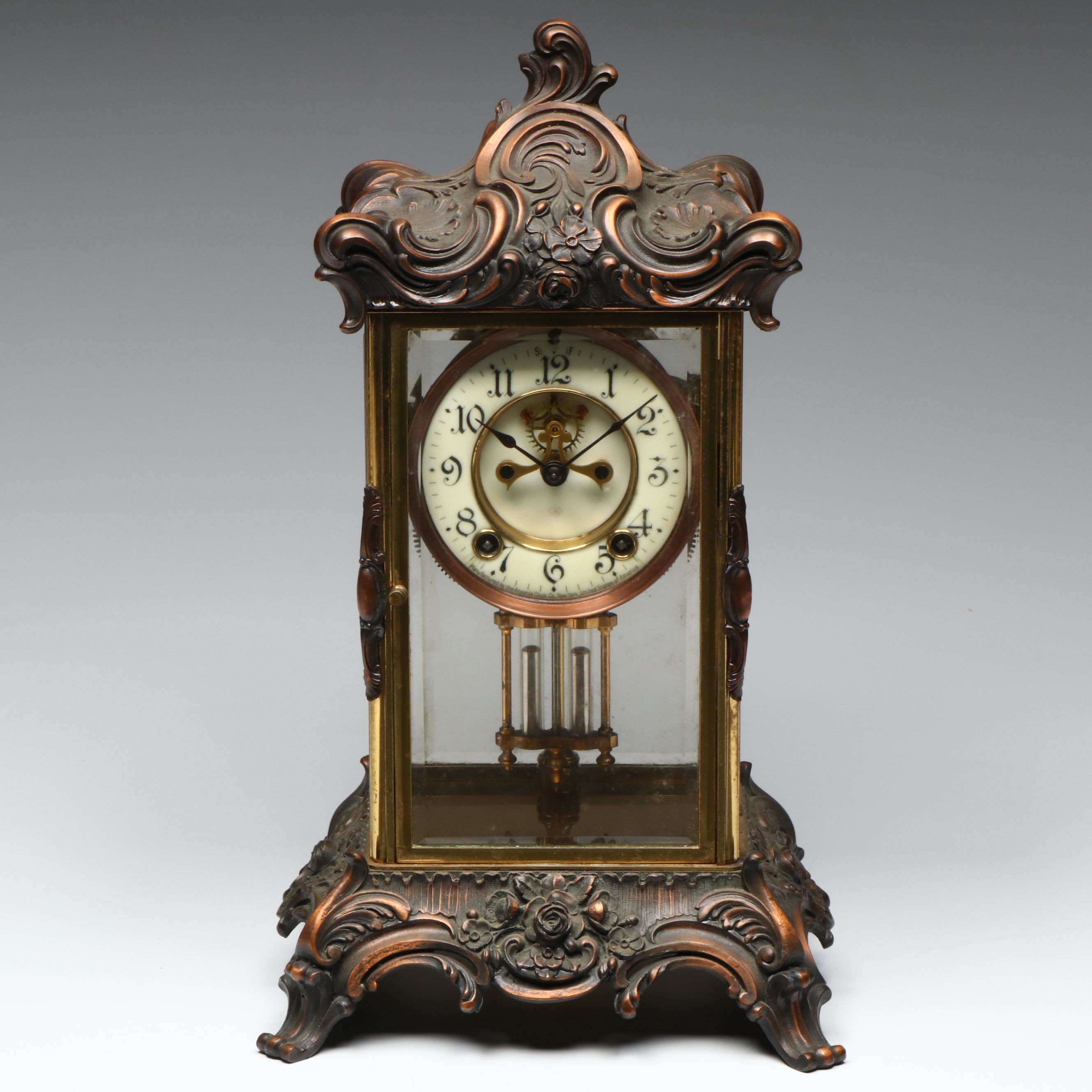 Ansonia Clock Co. Rococo Style Crystal Regulator Clock with Open Escapement