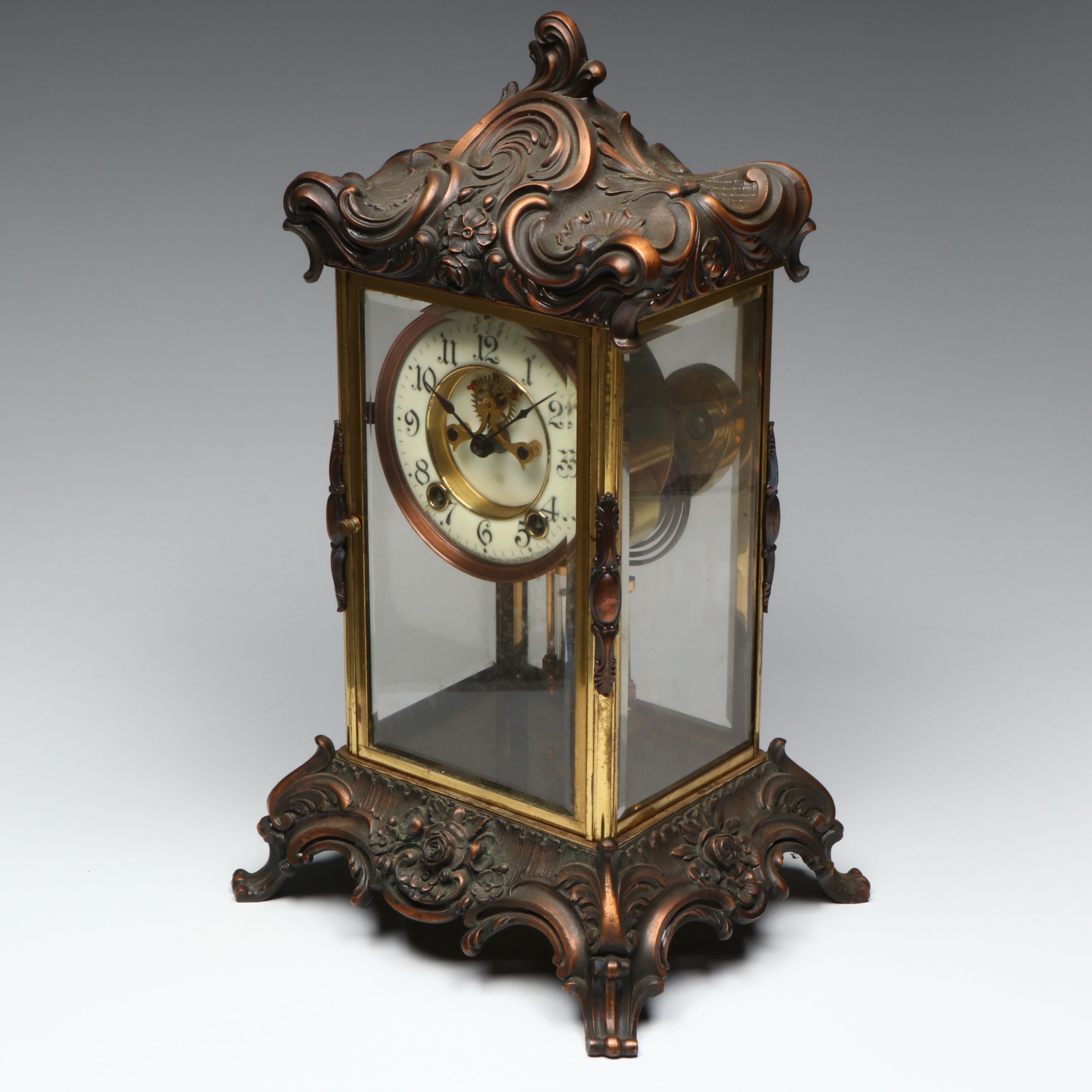 Ansonia Clock Co. Rococo Style Crystal Regulator Clock with Open Escapement