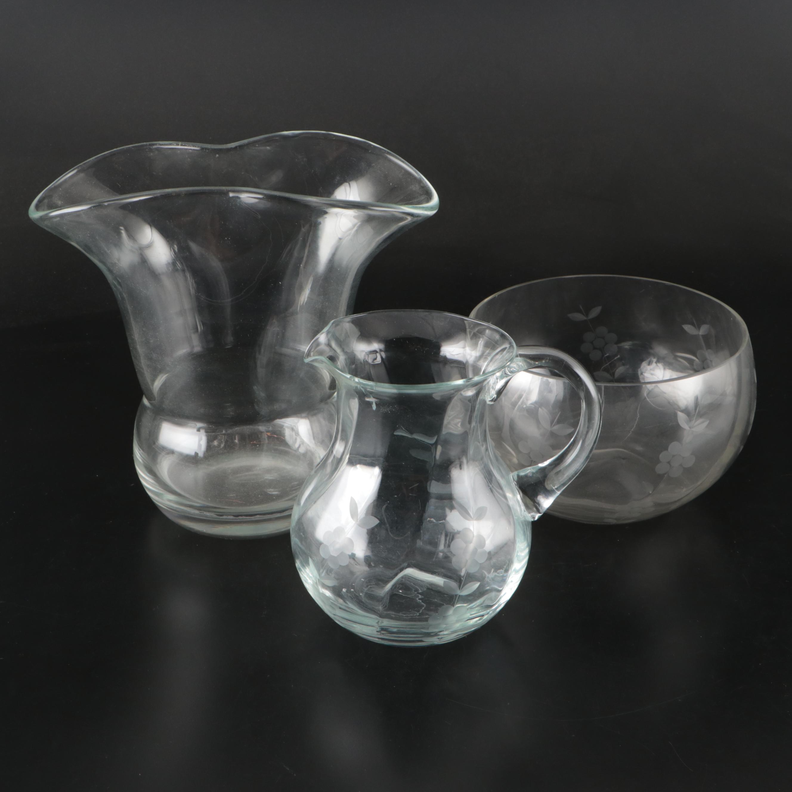 Floral Etched Glass Bowl, Pitcher with Vase, Mid-20th Century