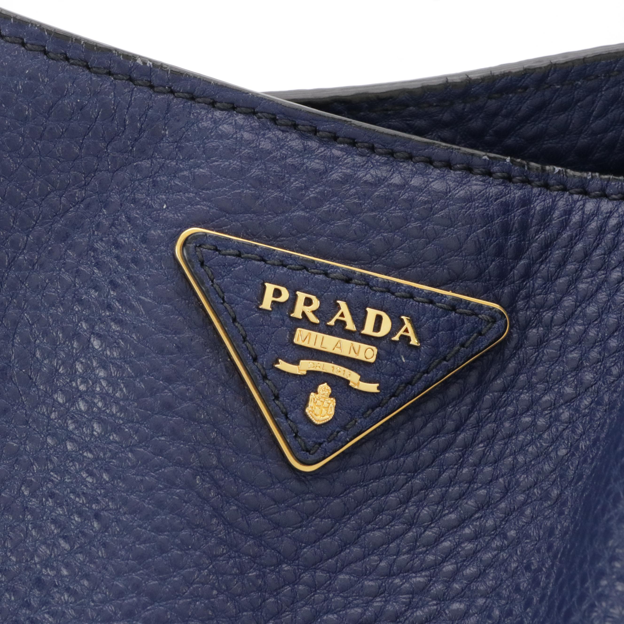 Prada Side Pocket Two-Way Tote in Dark Blue Grained Calfskin Leather
