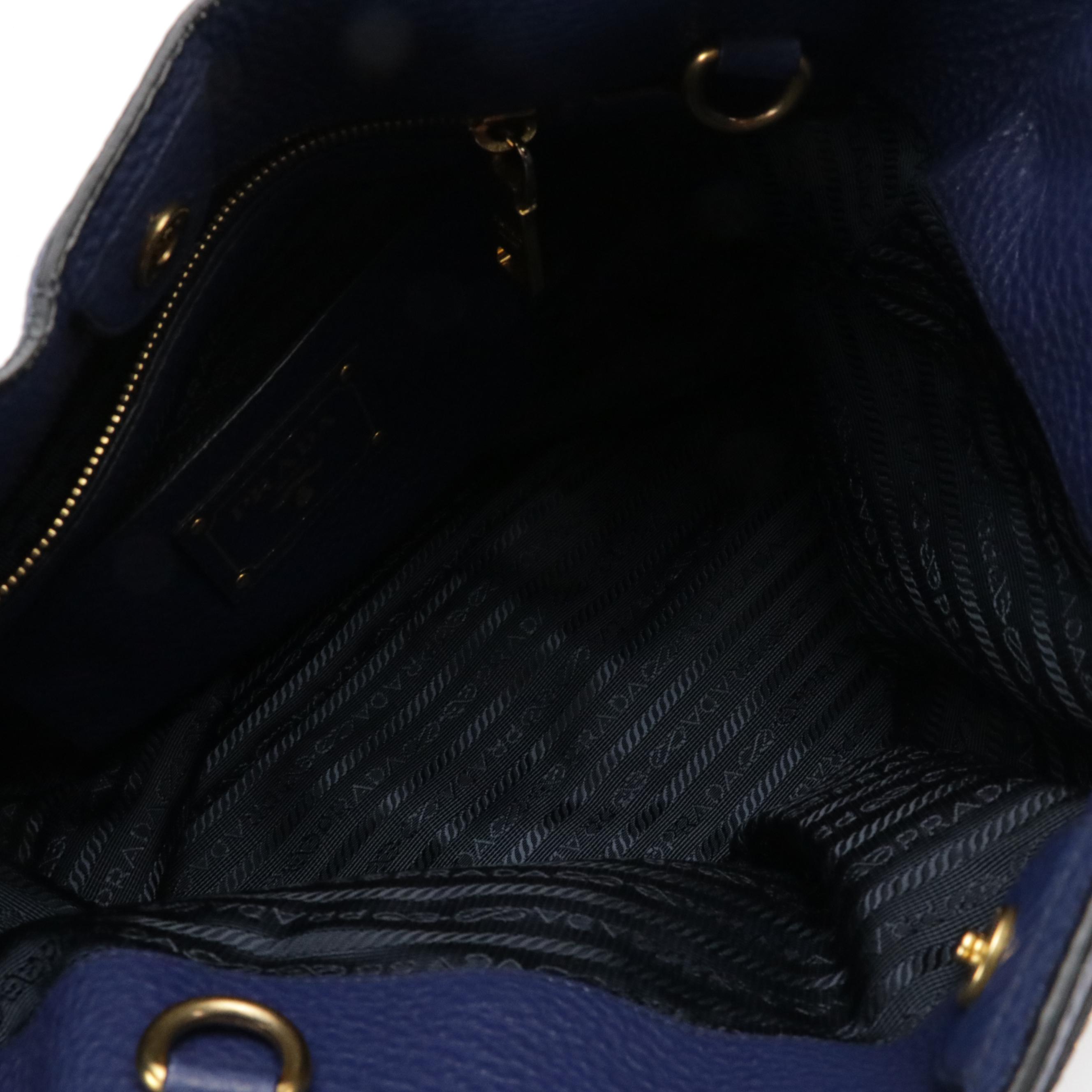 Prada Side Pocket Two-Way Tote in Dark Blue Grained Calfskin Leather