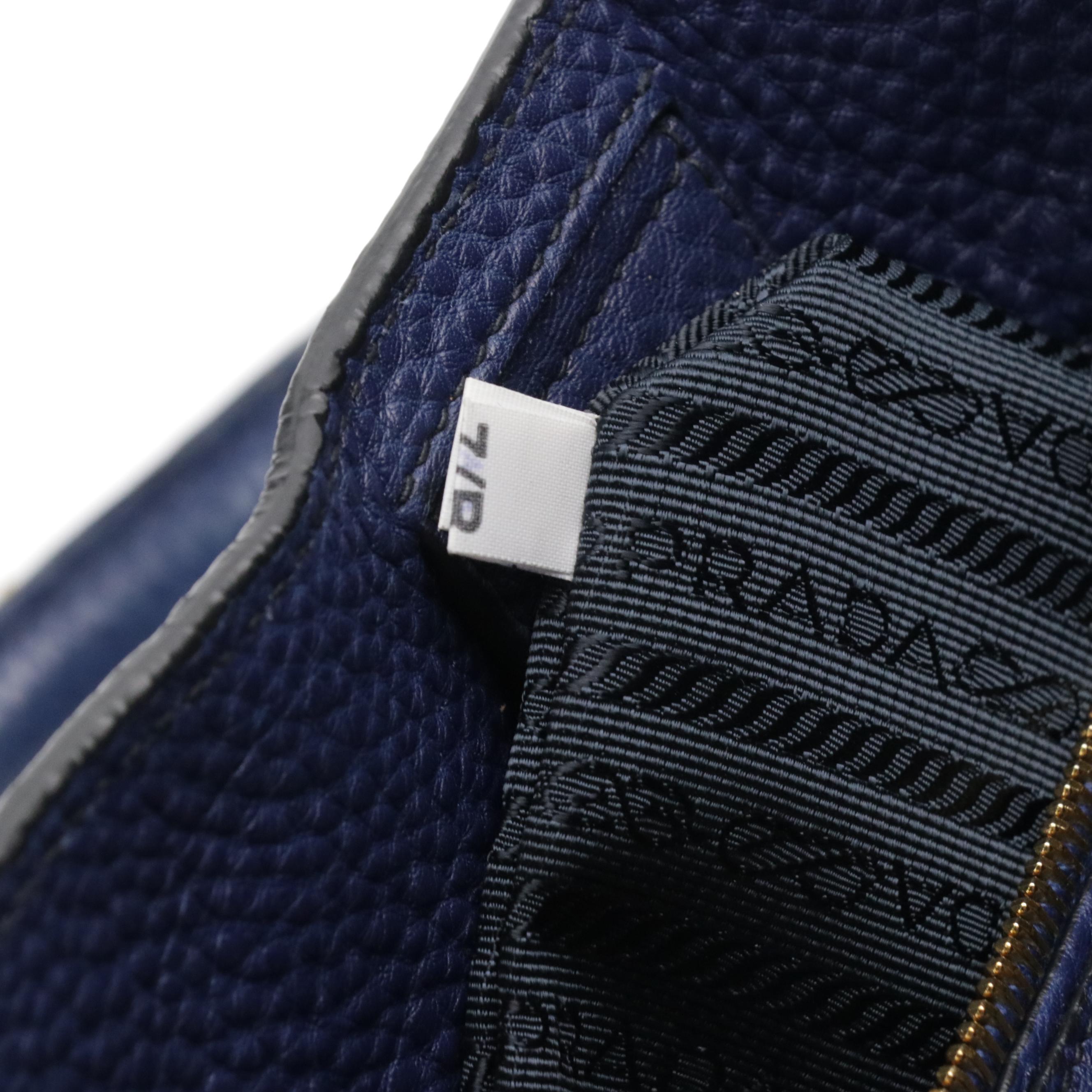 Prada Side Pocket Two-Way Tote in Dark Blue Grained Calfskin Leather