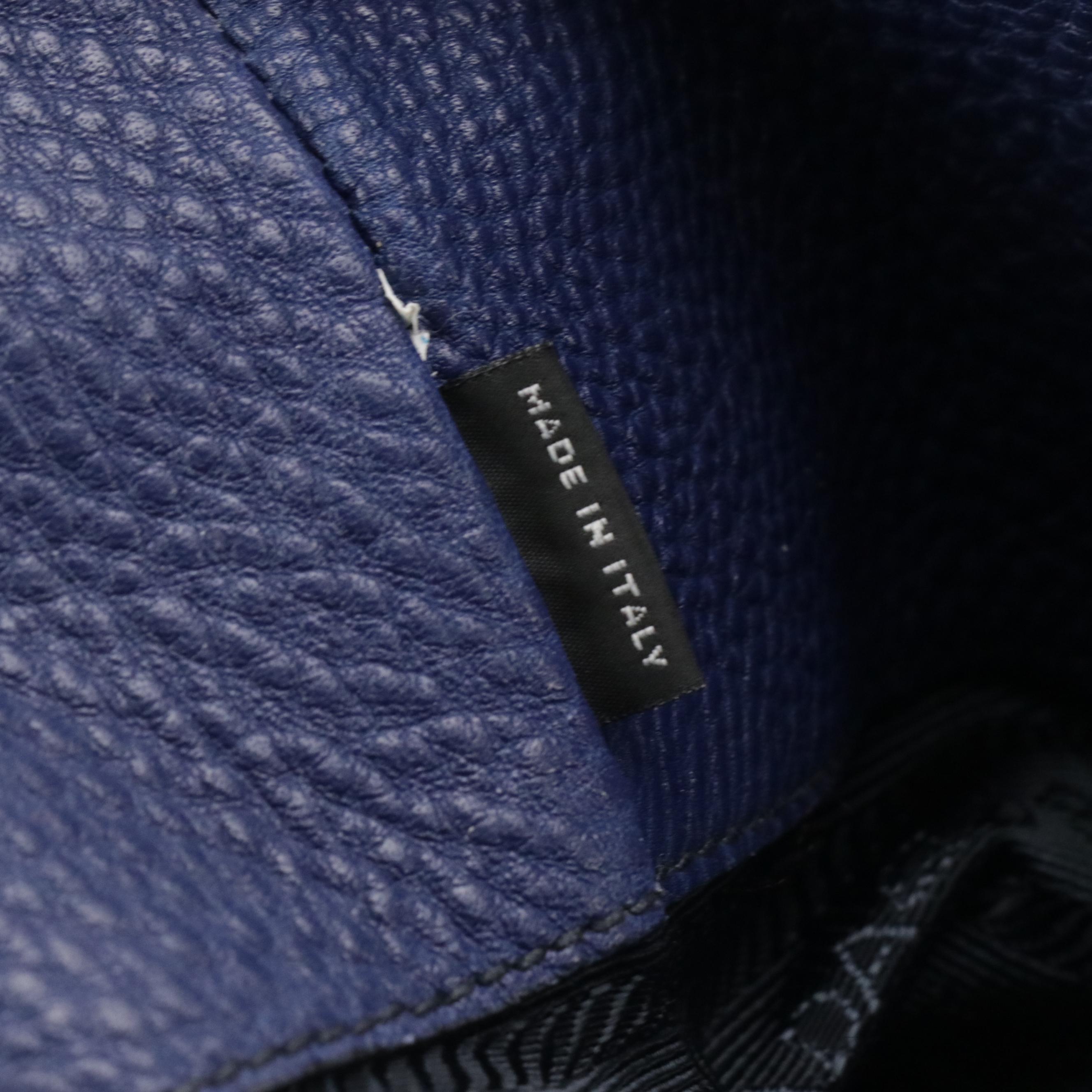 Prada Side Pocket Two-Way Tote in Dark Blue Grained Calfskin Leather