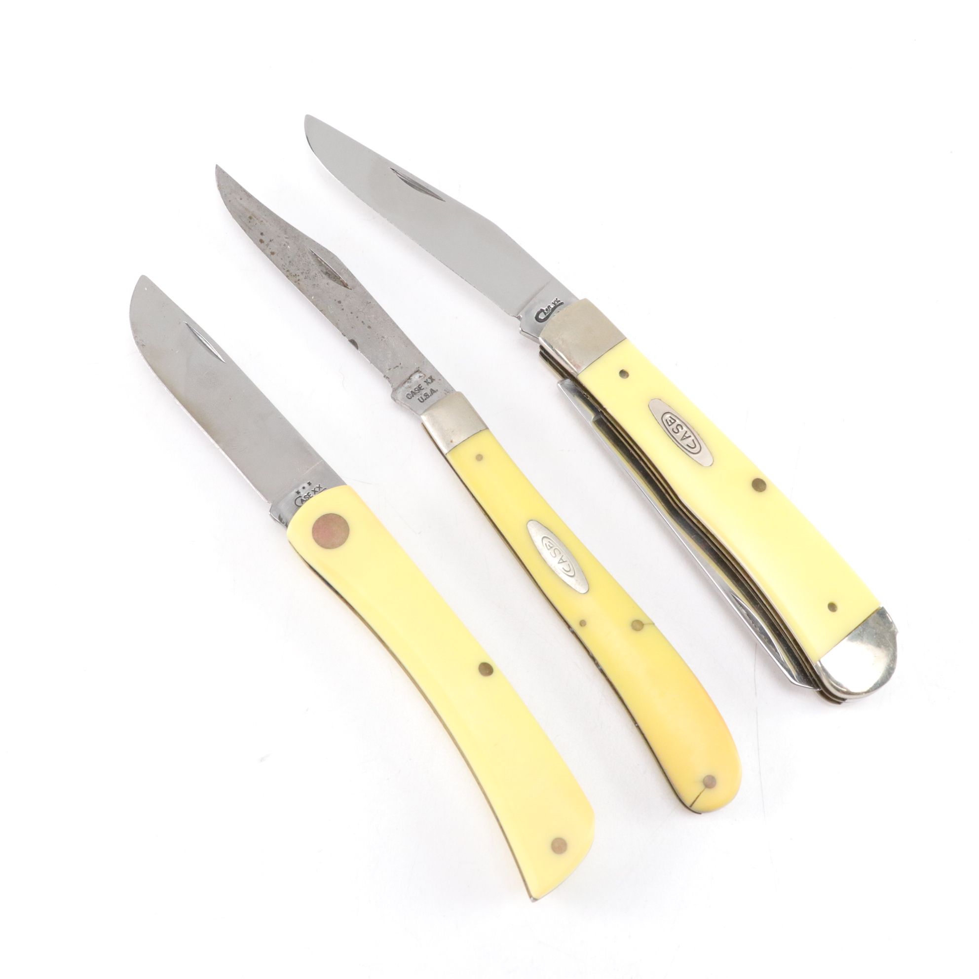 Three Case Yellow Handle Folding Knives, Mid to Late 20th Century