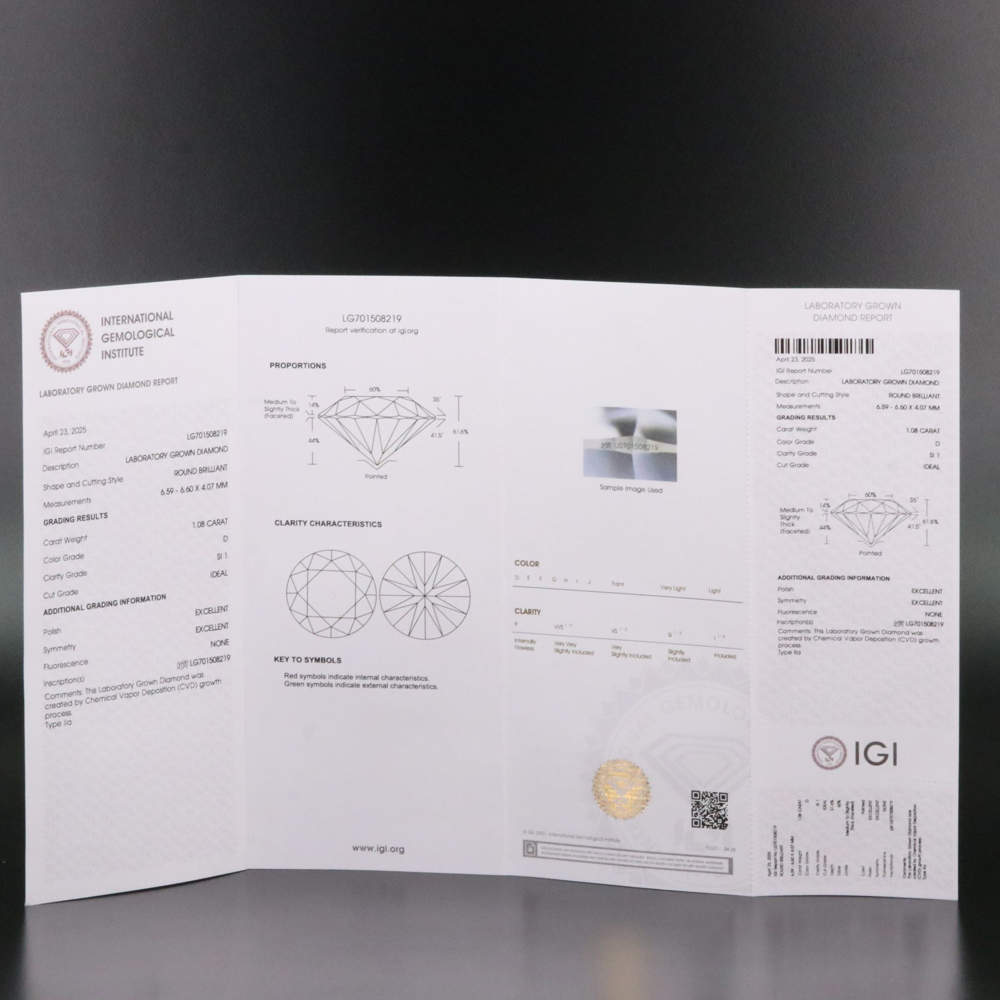 Loose 1.08 CT Lab Grown Diamond with IGI Report