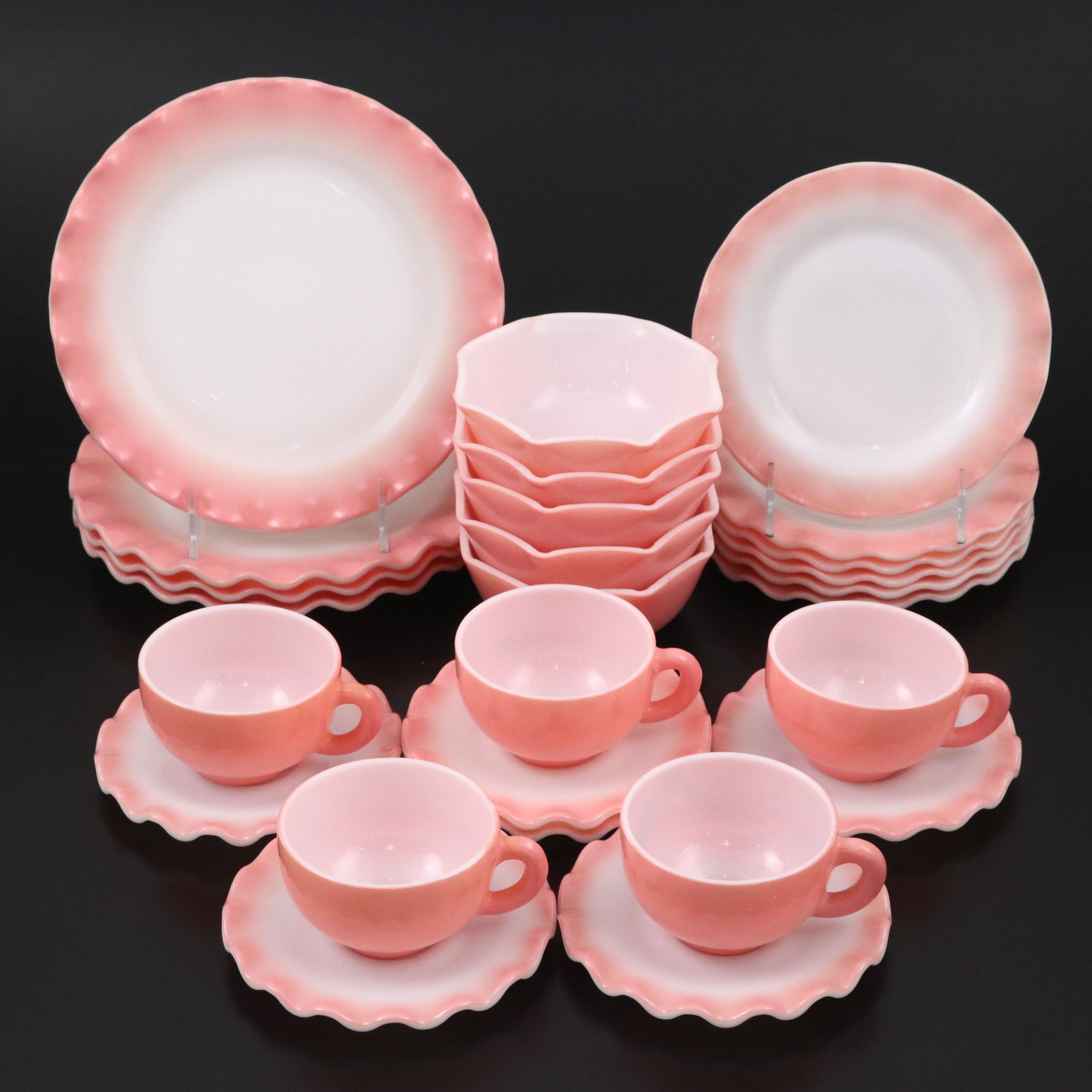 Hazel Atlas "Ripple Pink" Milk Glass Dinnerware, Mid-20th C.