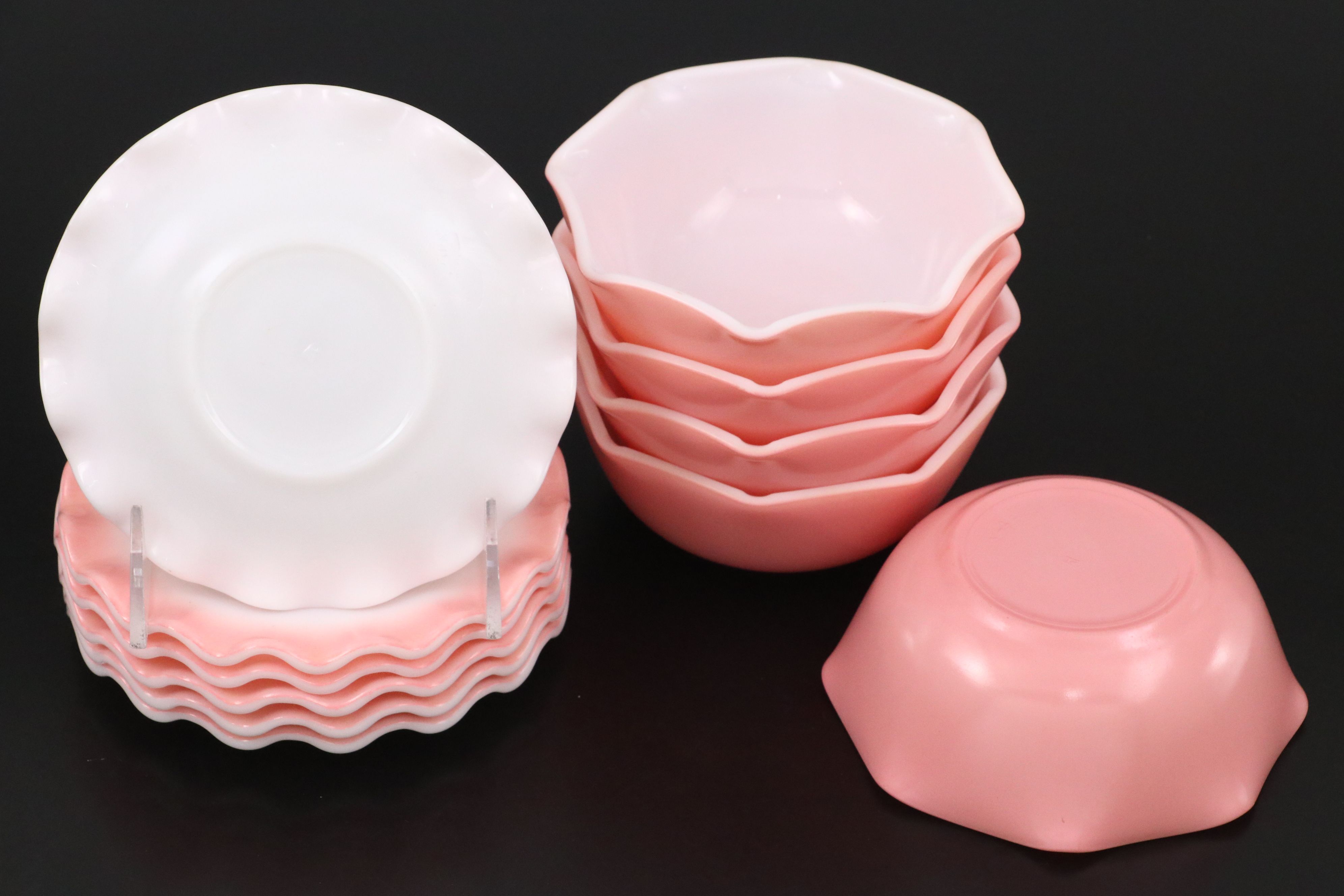Hazel Atlas "Ripple Pink" Milk Glass Dinnerware, Mid-20th C.