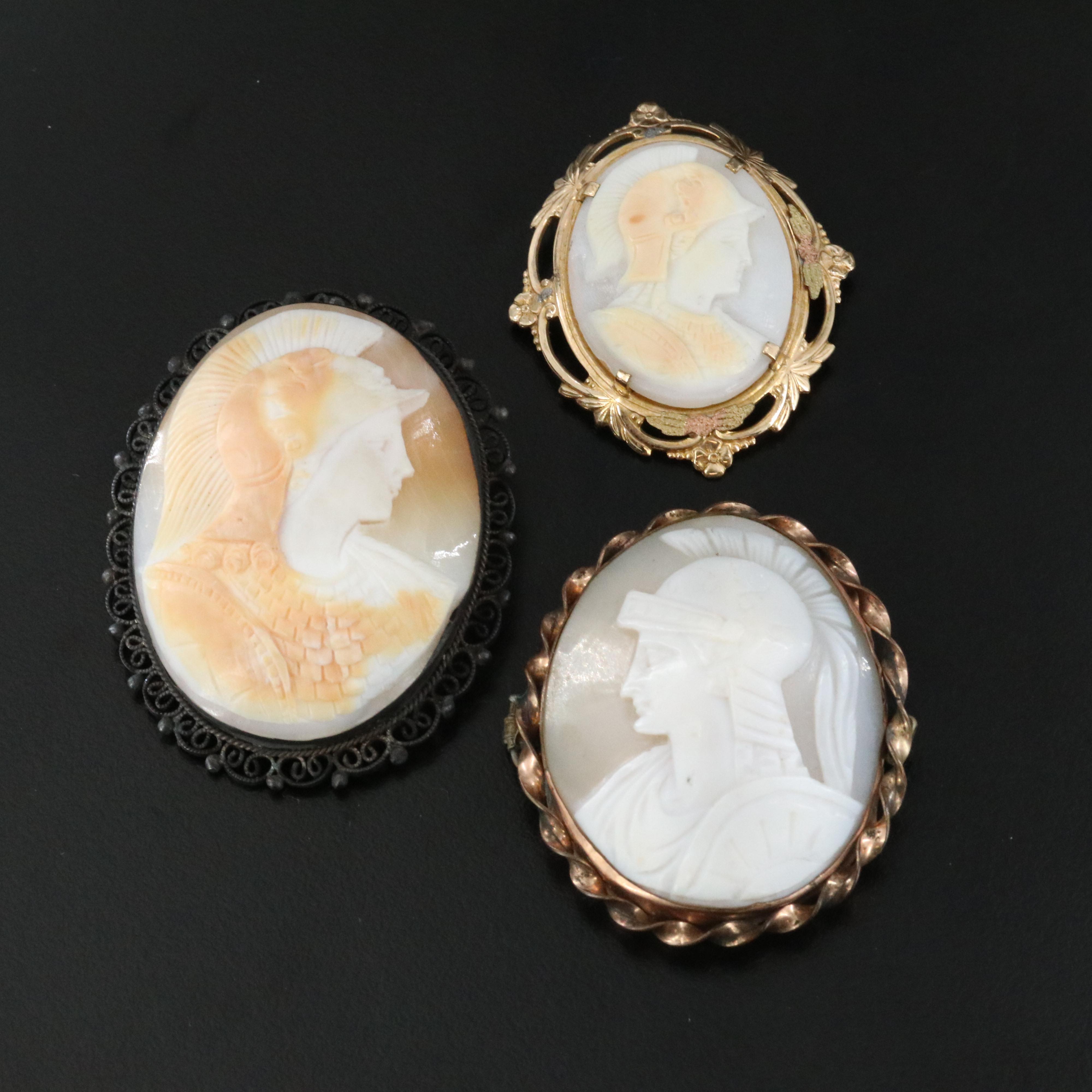 Vintage Shell Greco-Roman Soldier Cameo Brooches