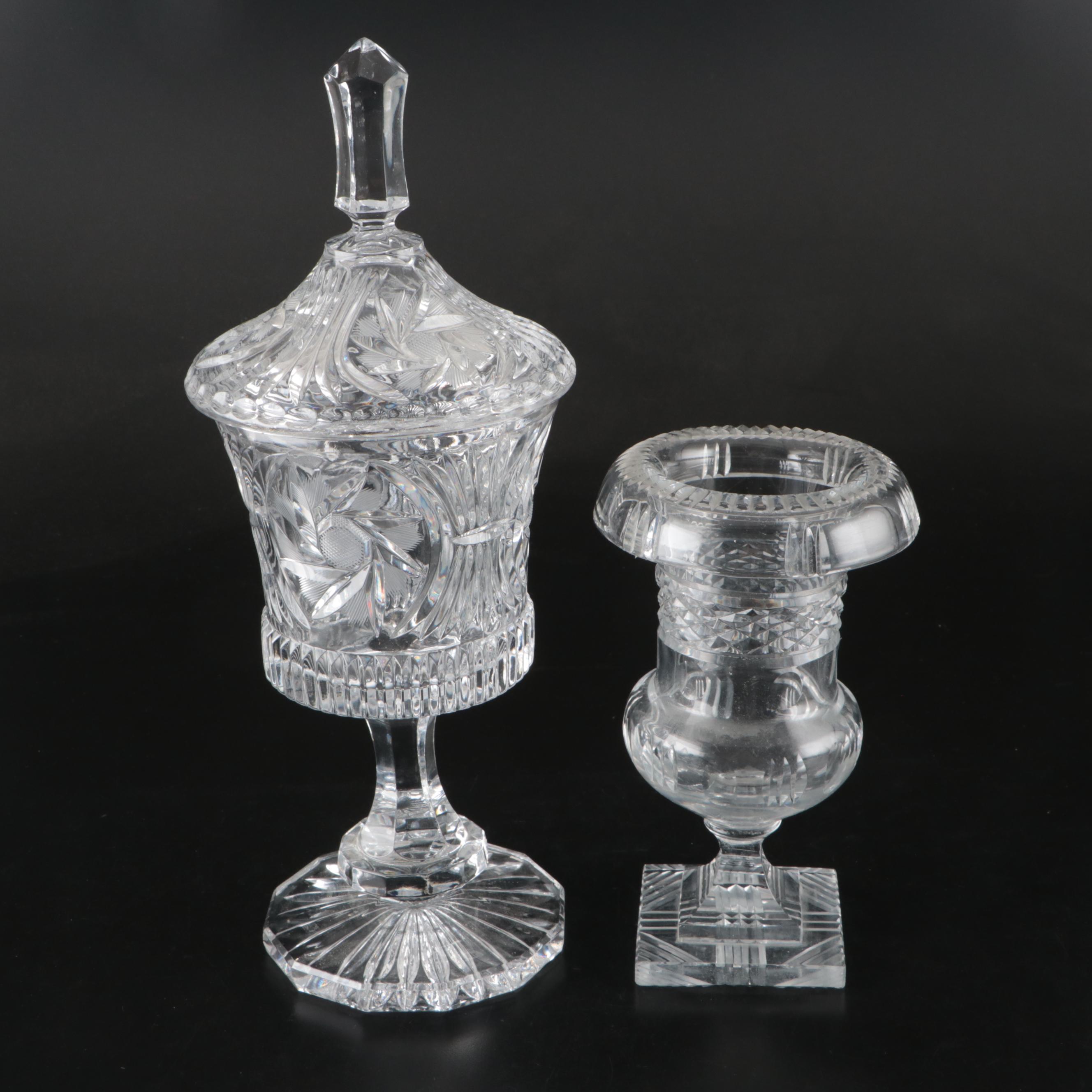 Pinwheel Cut Lidded Jar with Anglo-Irish Style Cut Crystal Vase