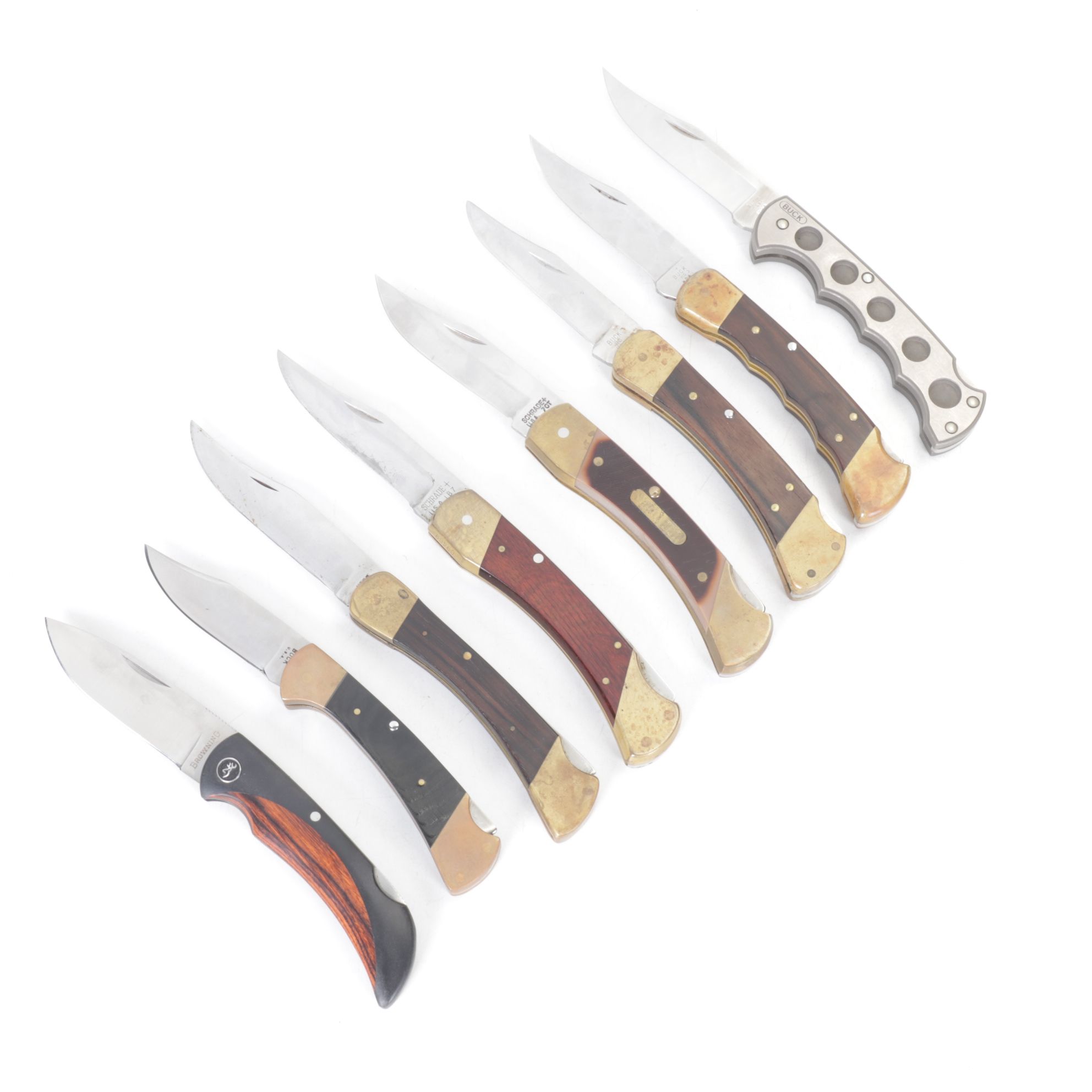 Eight Folding Knives with Buck, Schrade, and Browning, Mid to Late-20th Century