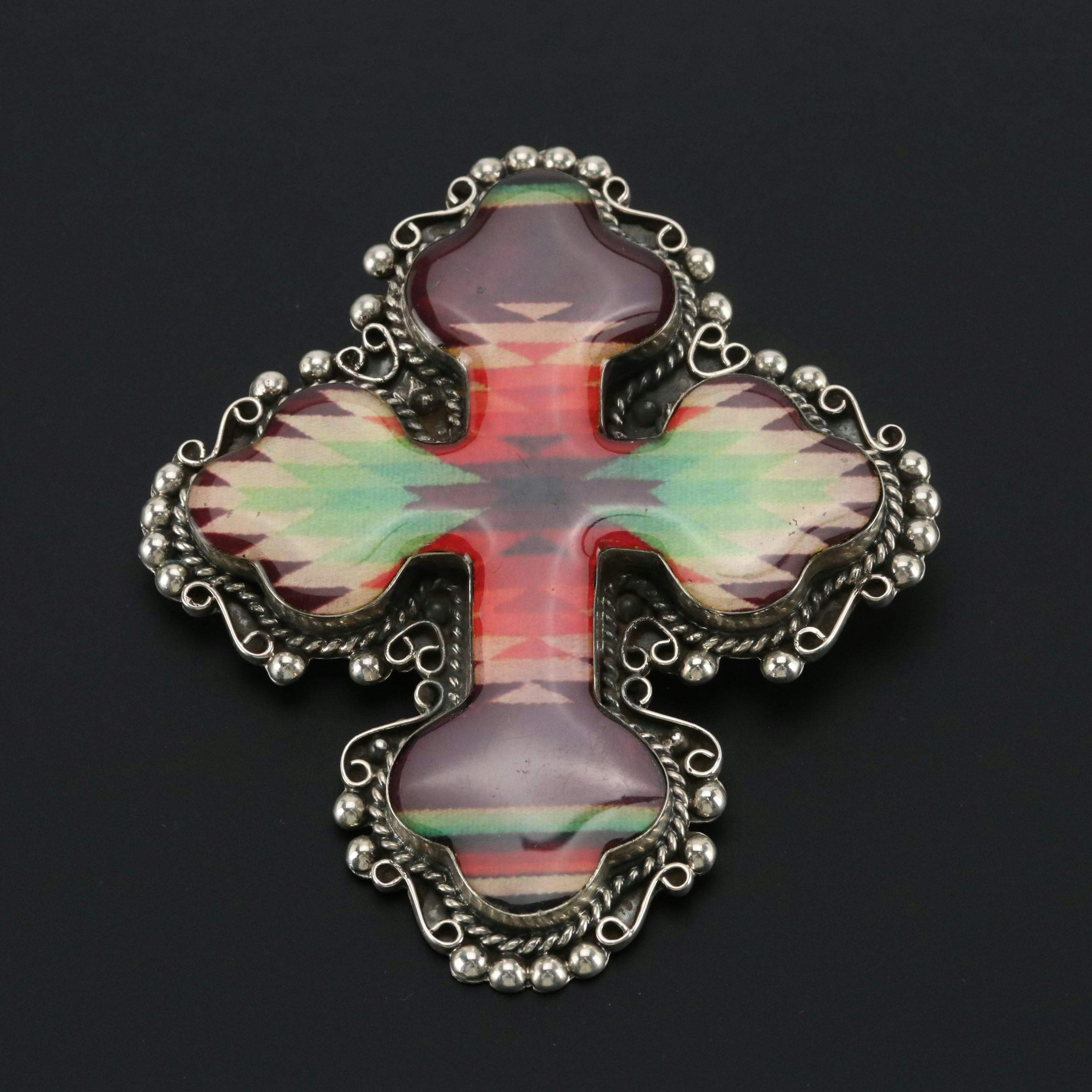 Signed Sterling Silver Southwestern Blanket Style Cross Pendant