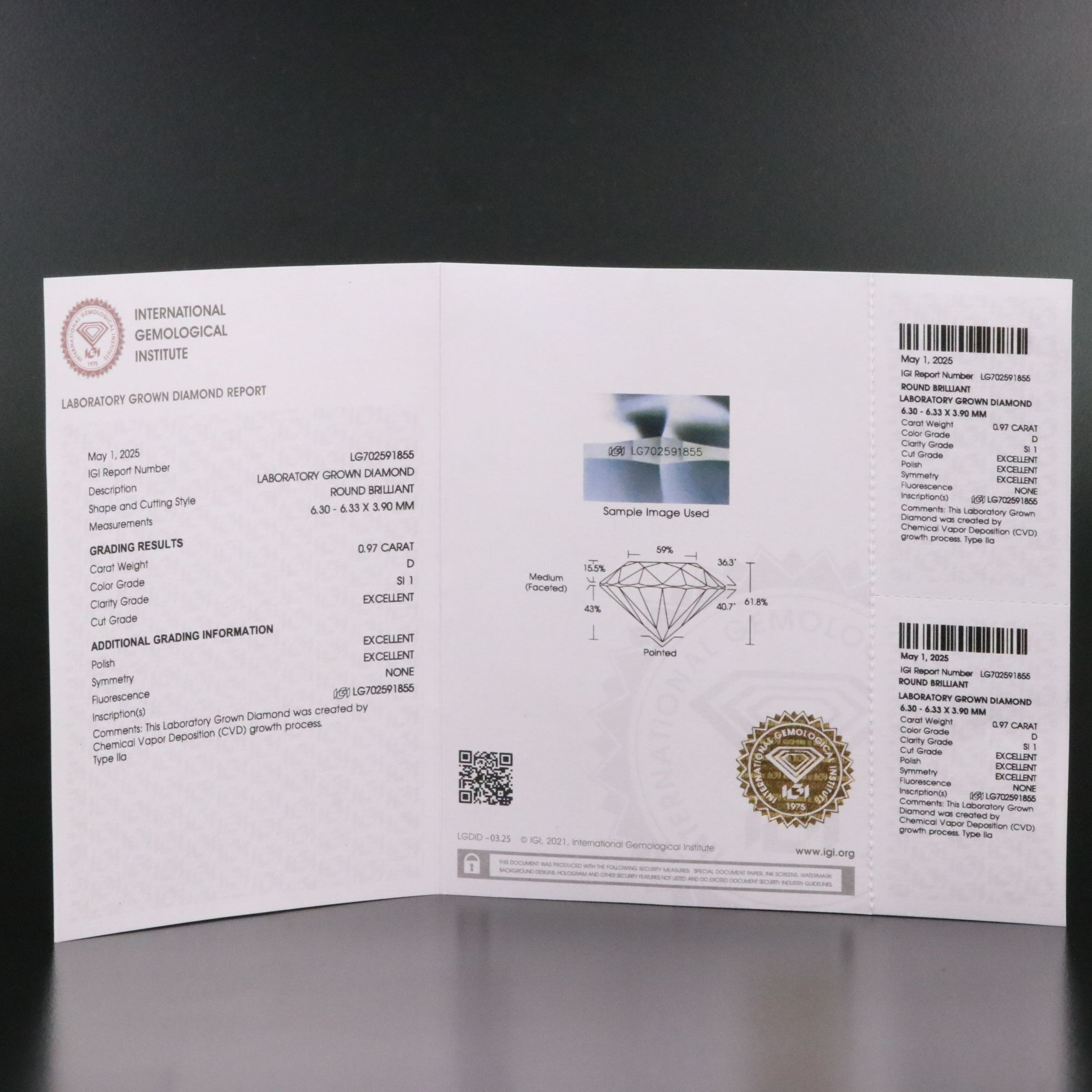 Loose 0.97 CT Lab Grown Diamond with IGI Report