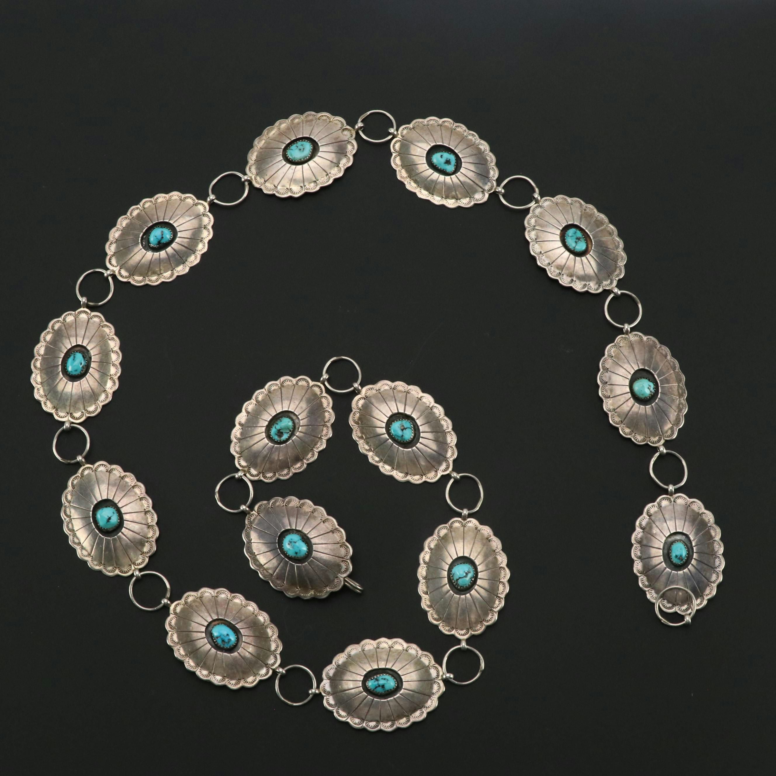 Southwestern Shadow Box Saw Cut Bezel Set Turquoise and Silver Concho Belt