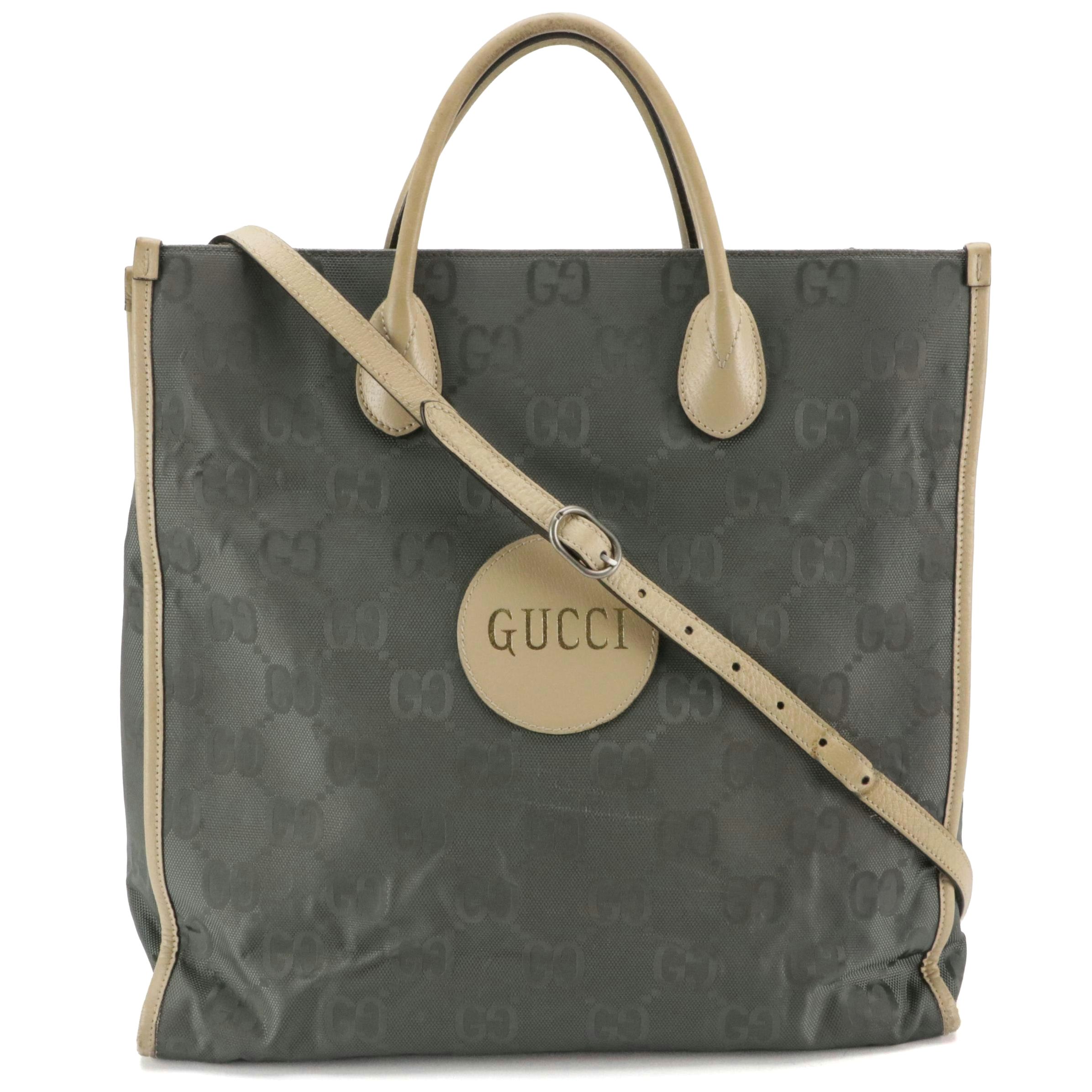 Gucci Off the Grid Two-Way Tote in Jumbo GG Grey Econyl Nylon and Leather Trim