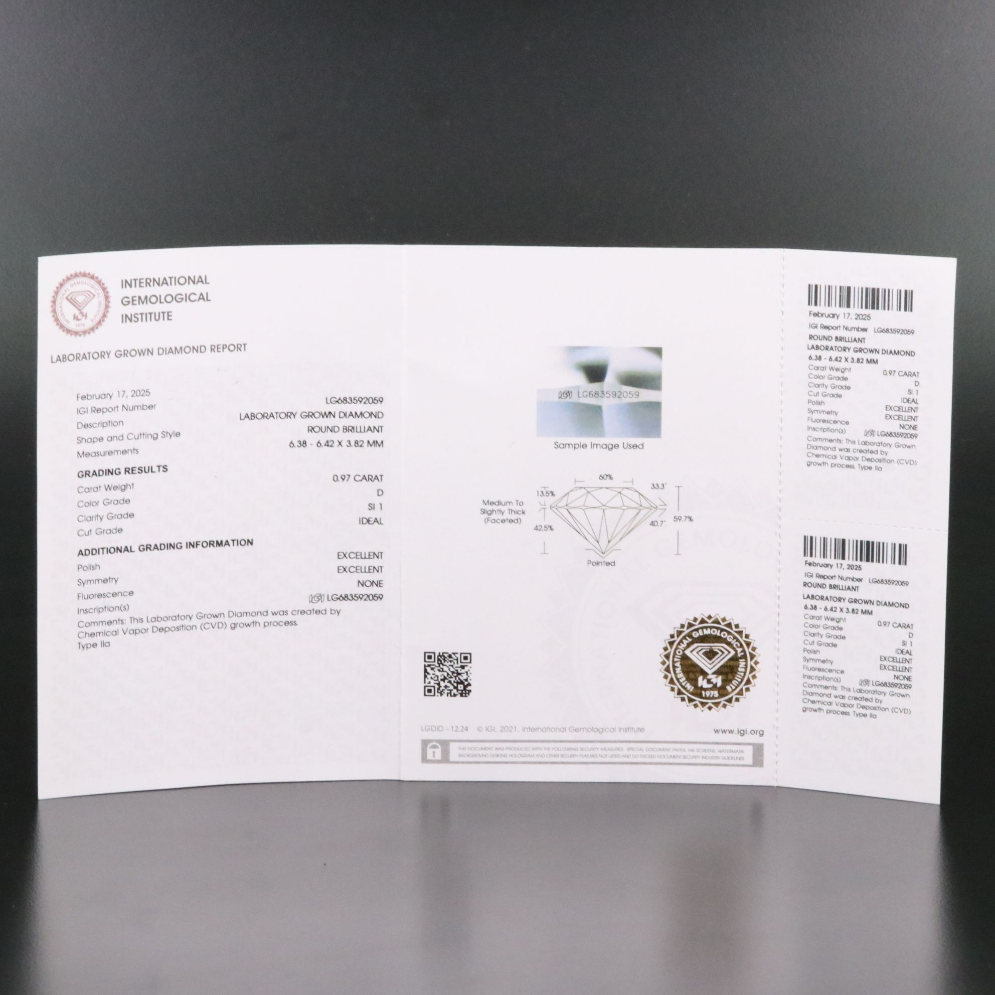 Loose 0.97 CT Lab Grown Diamond with IGI Report