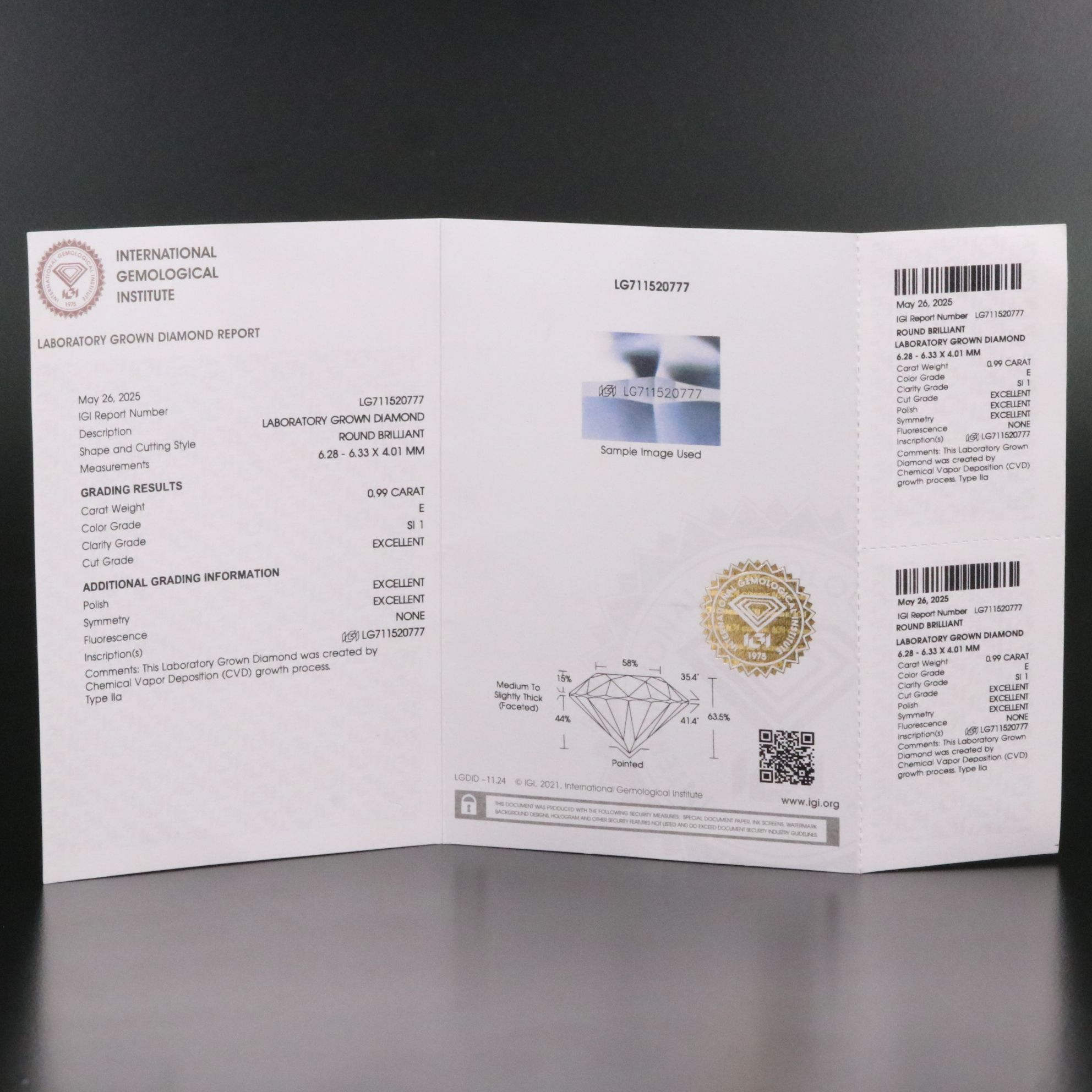 Loose 0.99 CT Lab Grown Diamond with IGI Report