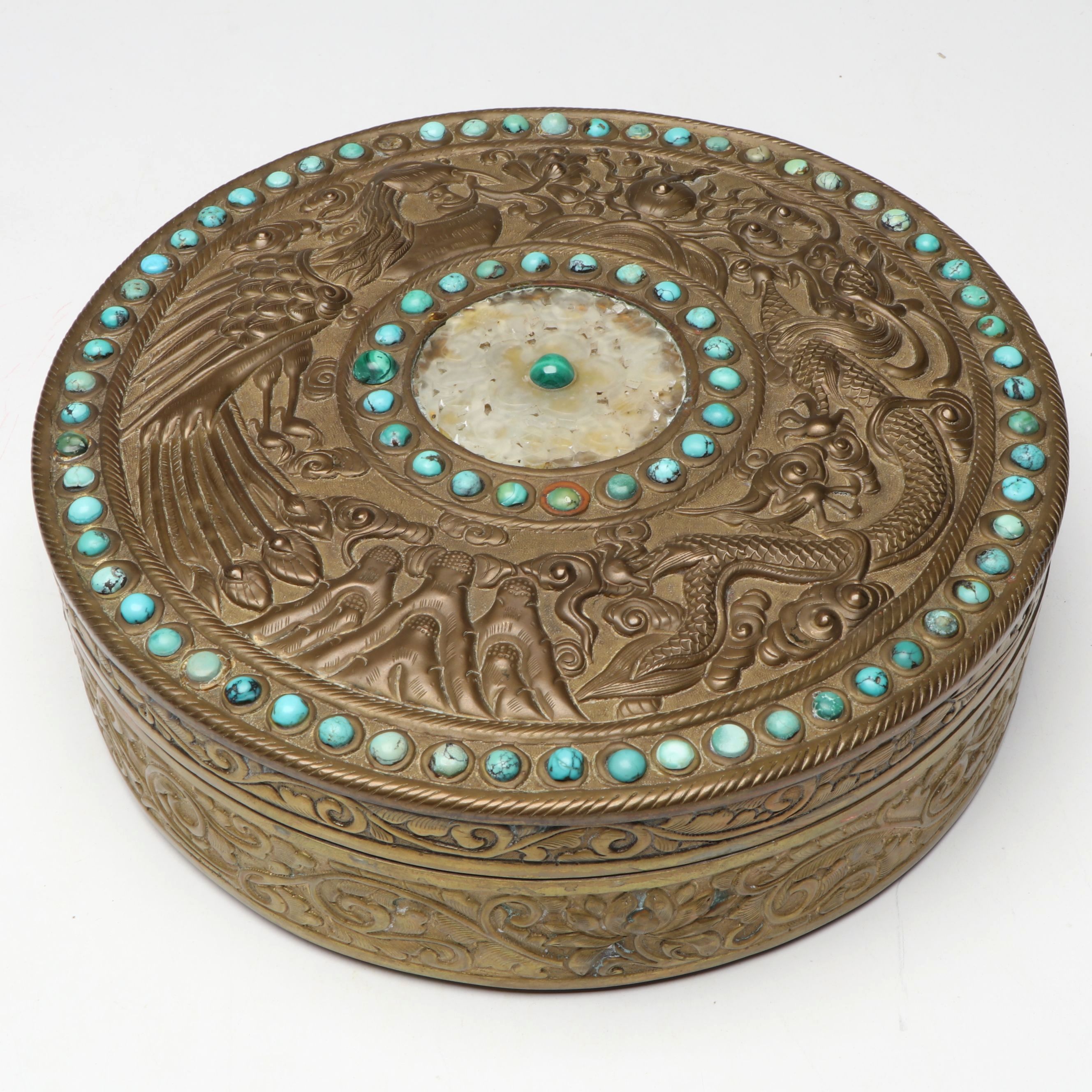 Tibetan Style Embossed Brass and Turquoise Box with Serpentine Inlay