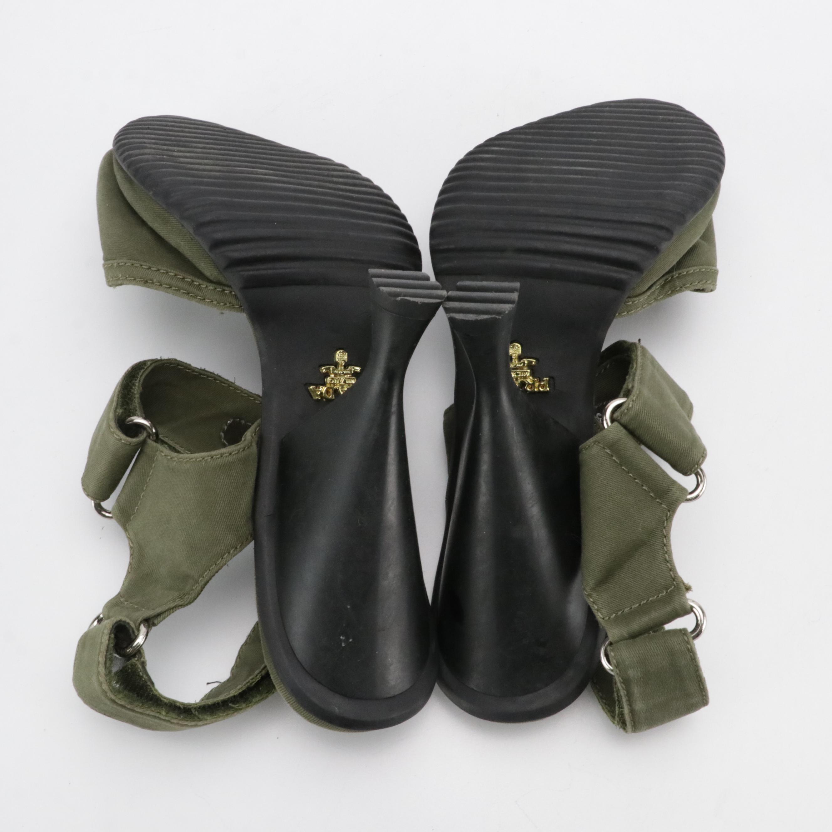 Prada Open-Toe Ankle Strap Pumps in Army Green Canvas and Black Rubber