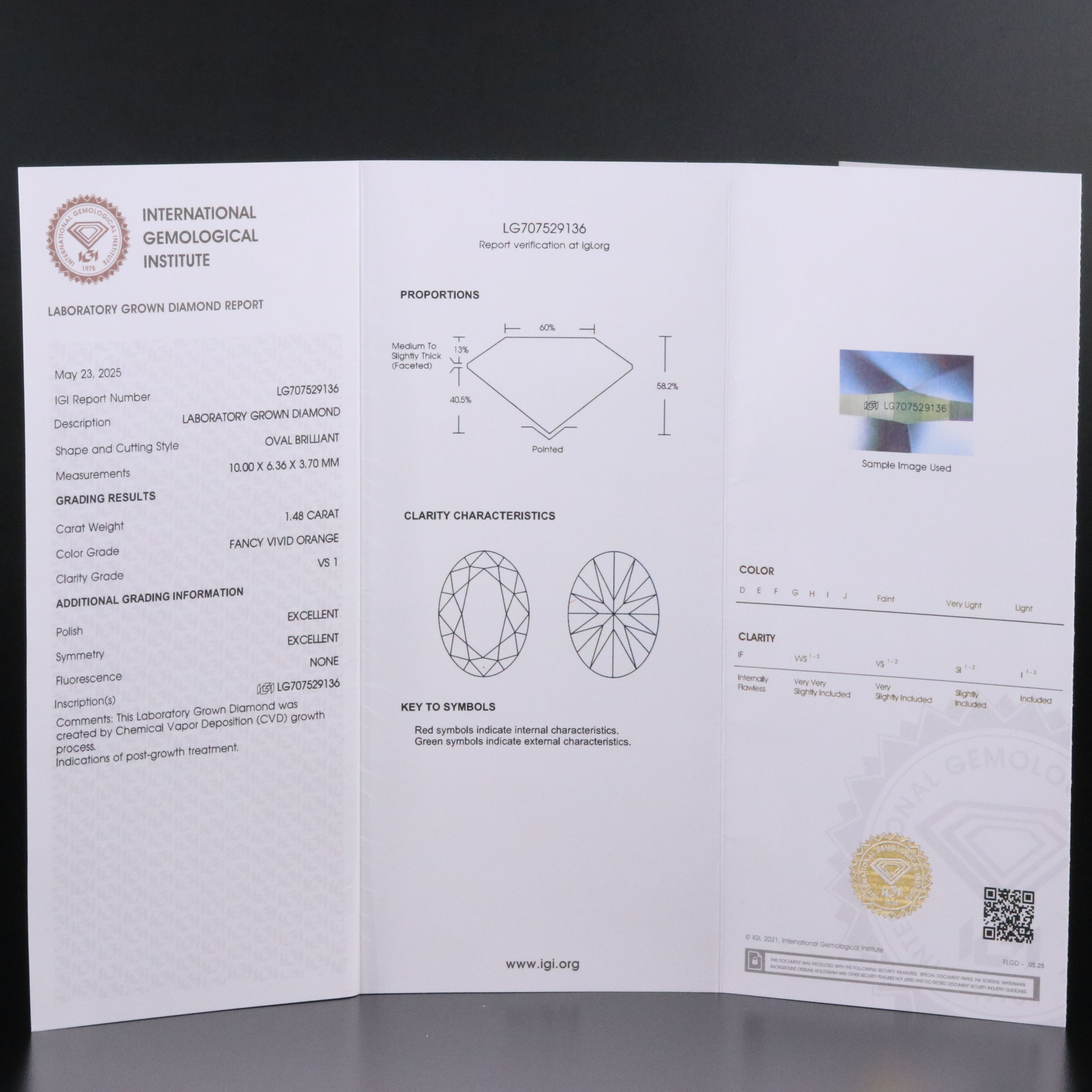 Loose 1.48 CT Lab Grown Fancy Orange Diamond with IGI Report