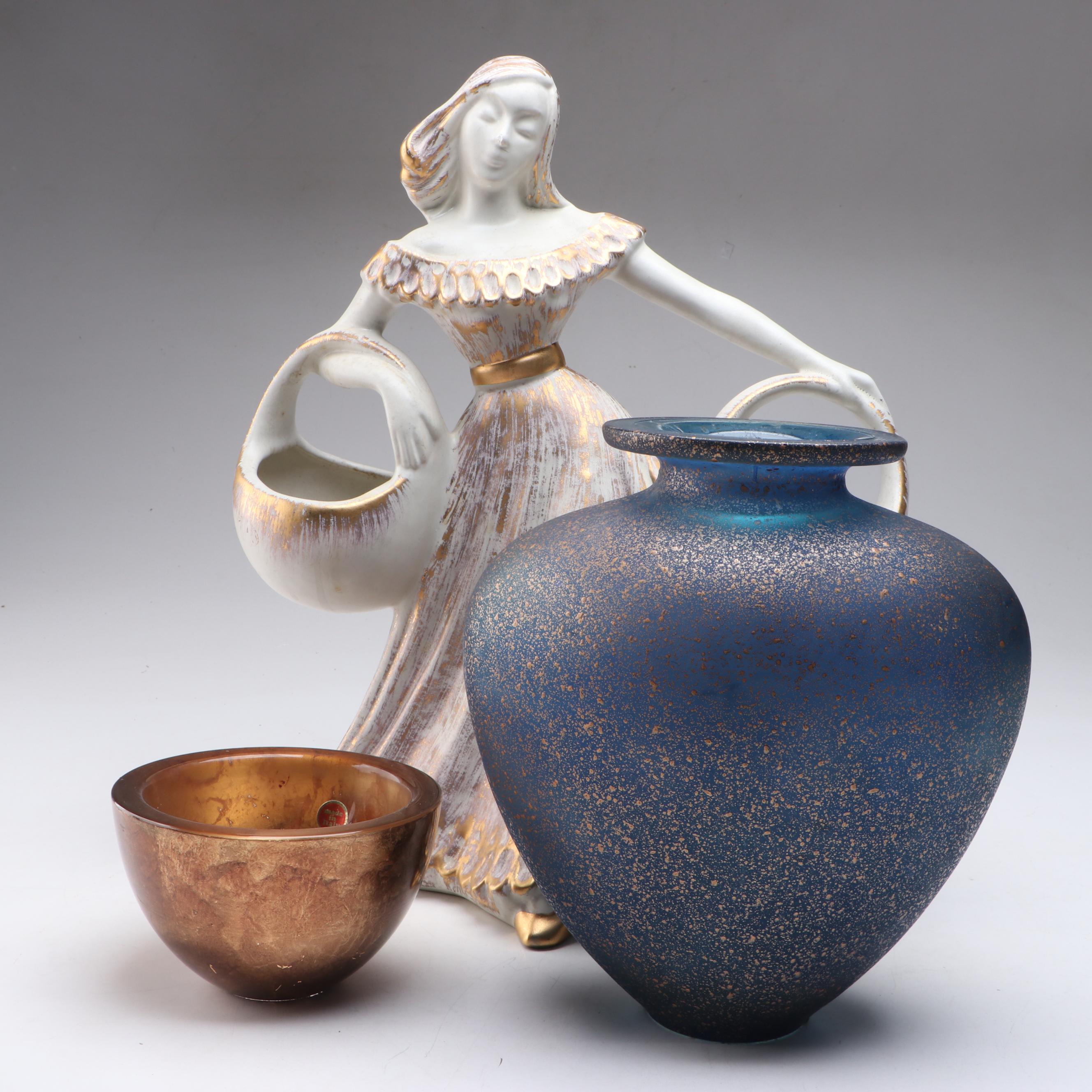 Gilt Ceramic Figural Vase with Glass Accent Vases